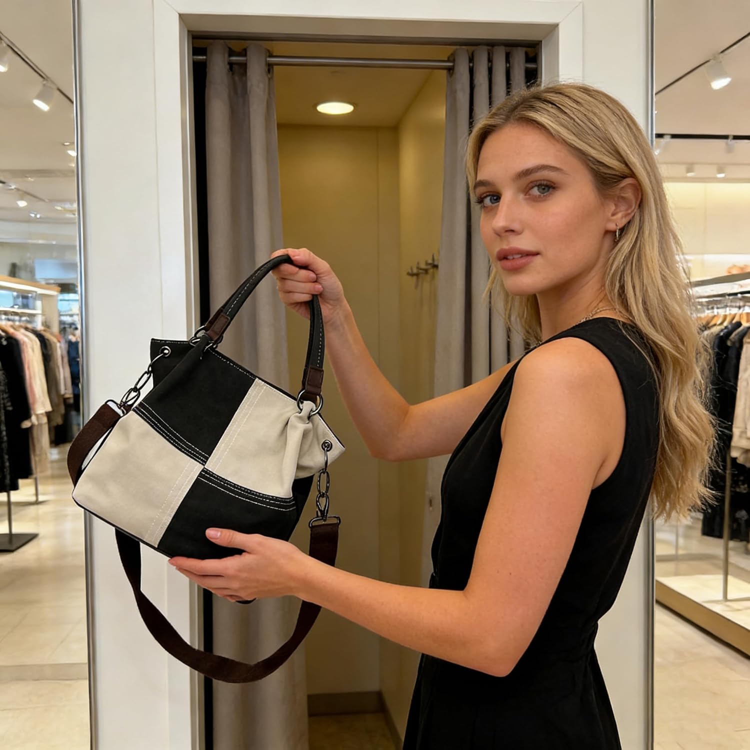 Women's Canvas Color Block Tote Bag Convertible Crossbody Hobo Handbag Lightweight Shoulder Bag for Daily Travel Work
