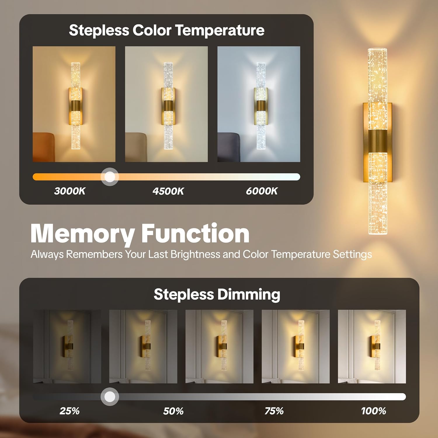 Battery Operated Wall Sconces Set of 2, 16.9'' Rechargeable Wall Sconce with 16000mAh Battery, Type-C No Hardwired Cordless Wall Lights, Dimmable 3000K-6500K for Hallway Bathroom Mirror, Gold