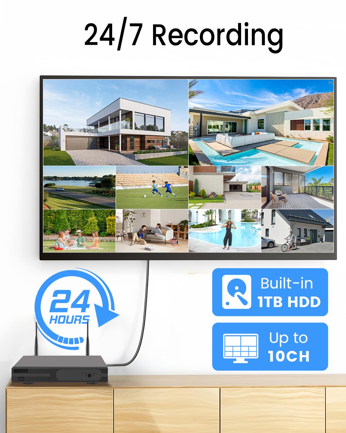 [Podwójny obiektyw 4 MP + 4 MP i 10-krotny zoom] System kamer bezpieczeństwa zewnętrzny bezprzewodowy z automatycznym śledzeniem, 4K wewnętrzny domowy nadzór wideo CCTV 10 CH z 1 TB, kolorowy