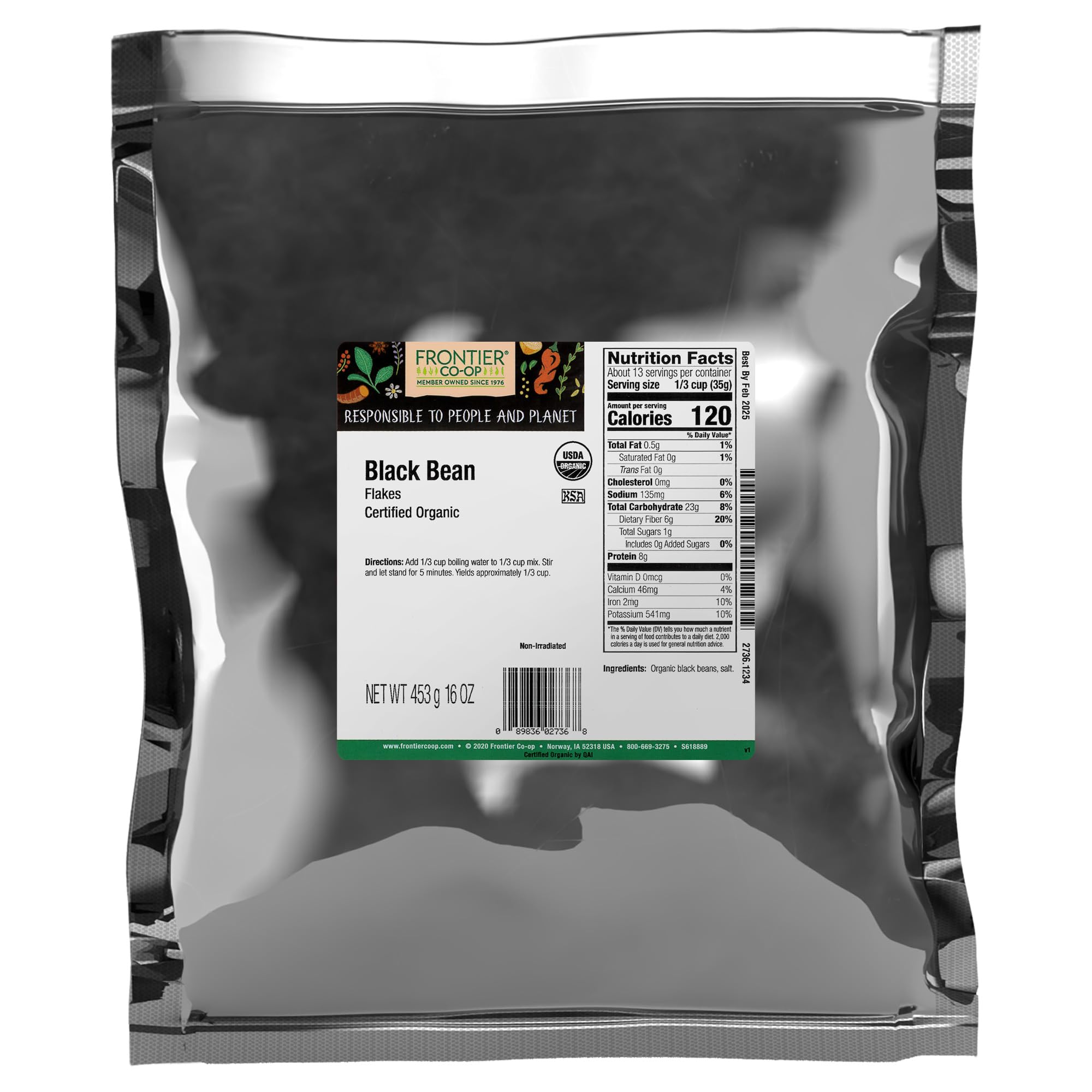 Frontier Co-op Organic Black Beans Flakes 1lb - For Black Bean Burger Patties, Dry Bean Soup Mix, Black Bean Dip and More