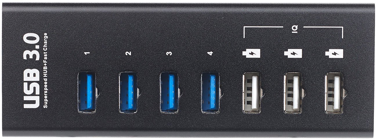 Aktywny hub USB 3.0 Xystec z 4 portami danych i 3 portami szybkiego ładowania BC 1.2, 5 Gbit/s, zasilacz 5 V/4 A