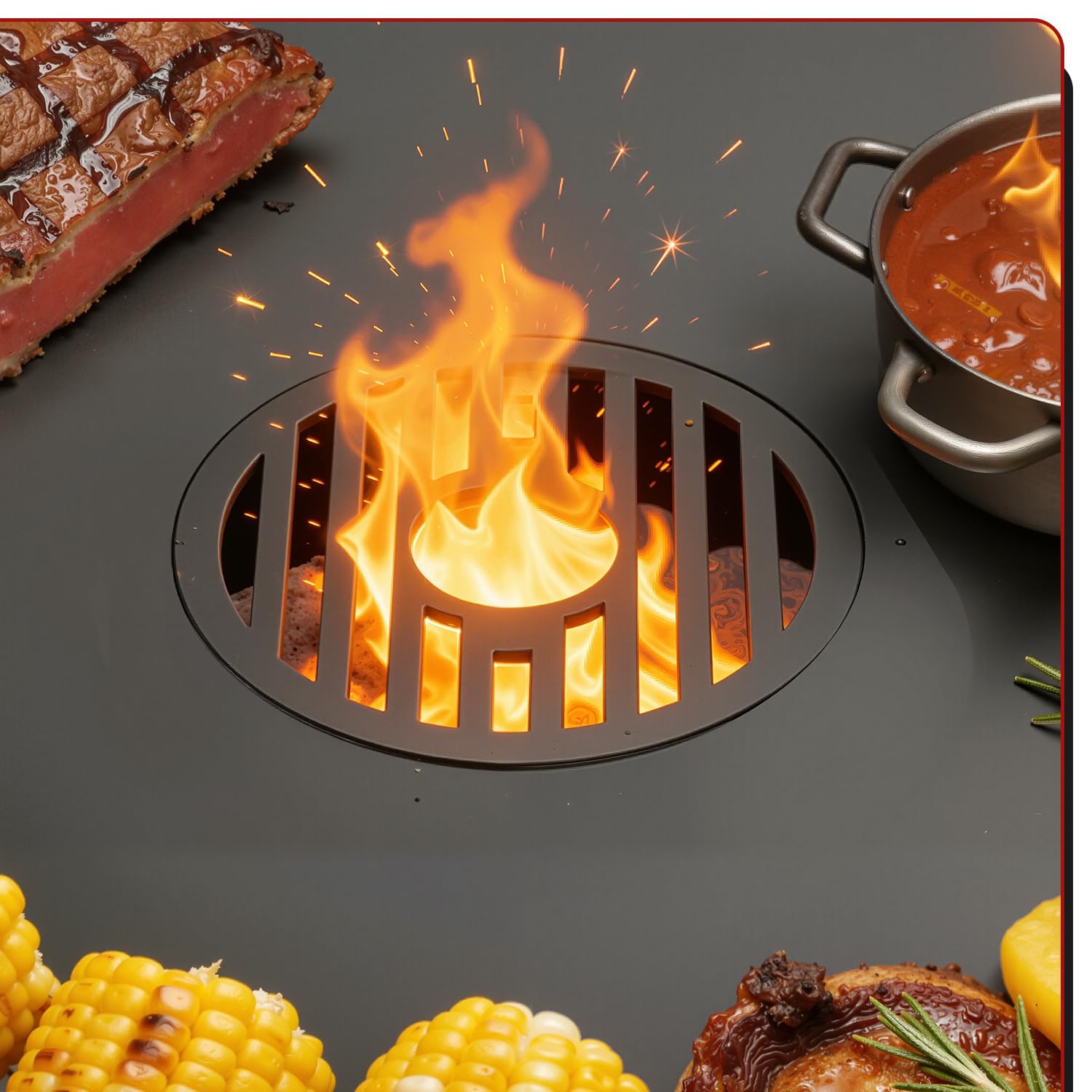 Feuerplatte 80 cm aus Carbonstahl, 5 mm stark, mit herausnehmbarem Grilleinsatz und Hitzeschutzhandschuh, passend für Feuertonne, Feuerschale und Feuerstelle