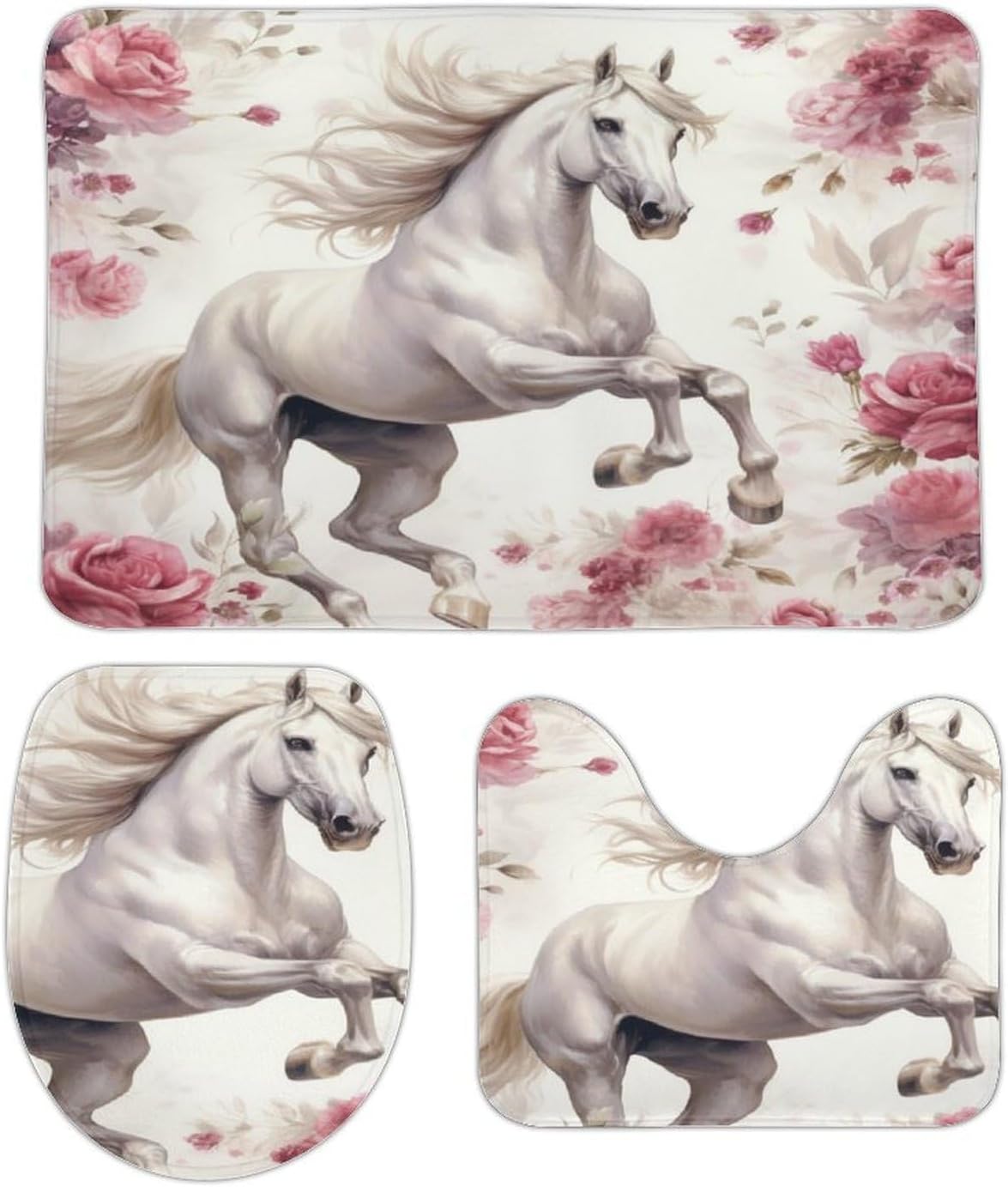 Horses Roses Bath Mat 3 Piece Bathroom Rug Set 20"x32" Western Farmhouse Animal Rug Set 3 Piece Bathroom Decor Bathroom Mats Soft Washable Bath Mats for Tub Shower Room Decor