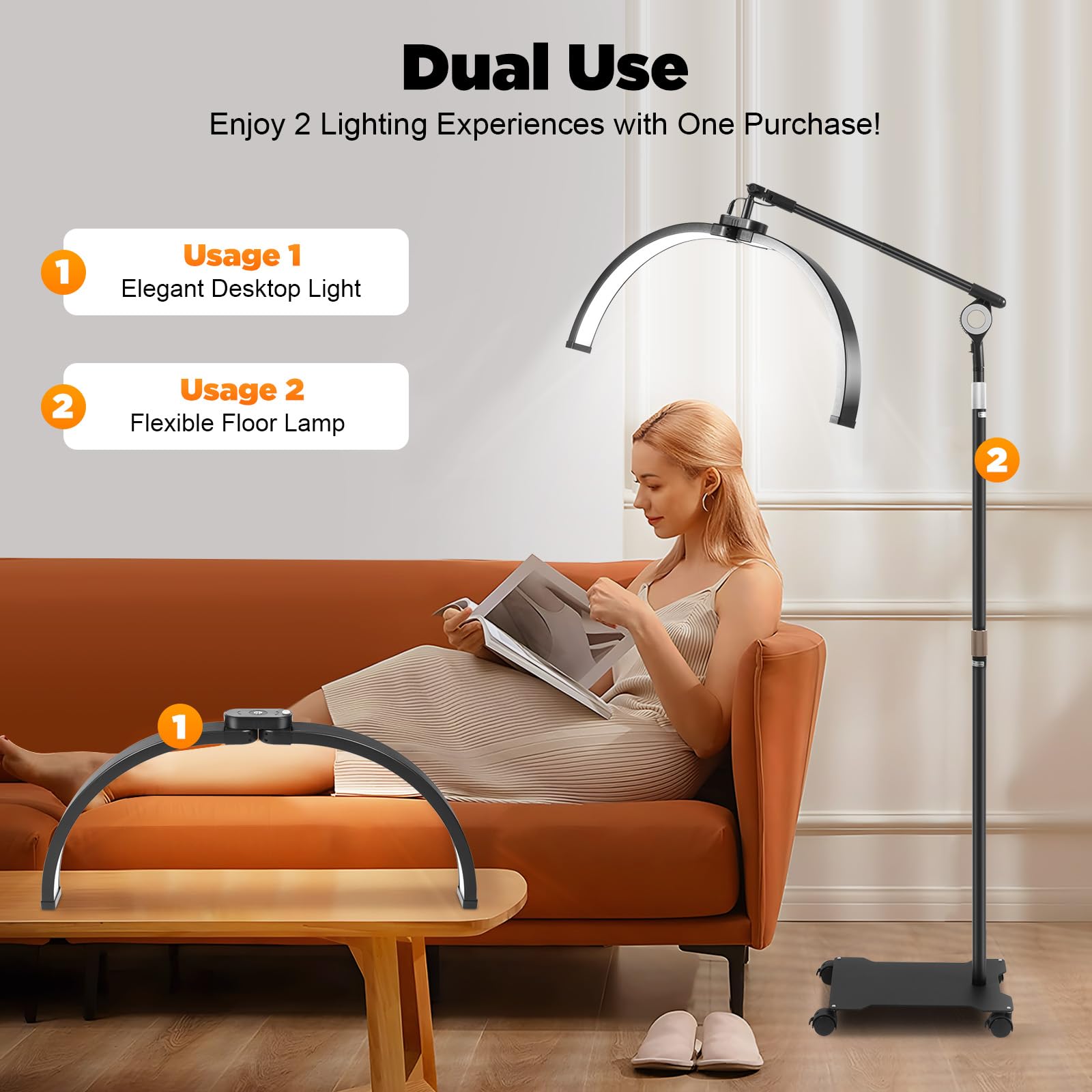 Lampada cosmetica a mezzaluna, con supporto per telefono e rotelle, regolabile a 350°, due opzioni di controllo, 3200 K-5600 K, luci di bellezza per saloni fotografici, tavoli da trucco (28 pollici