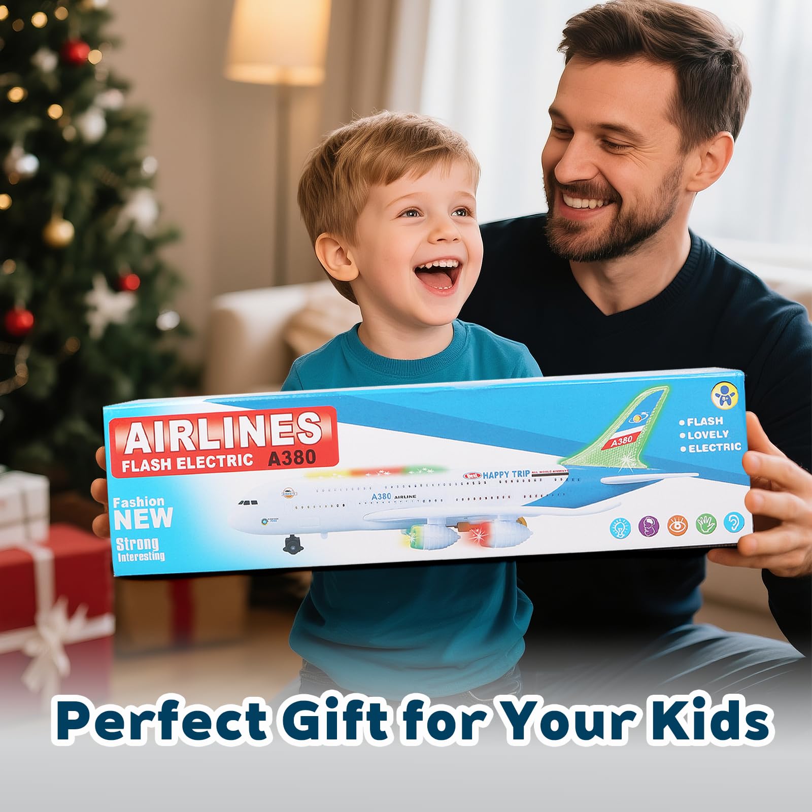 Bump and Go - Aereo giocattolo realistico con luci e suoni 4D, giocattolo per bambini dai 3 ai 12 anni, cambio automatico di direzione in caso di collisione, ottimo regalo per ragazzi e ragazze (blu)