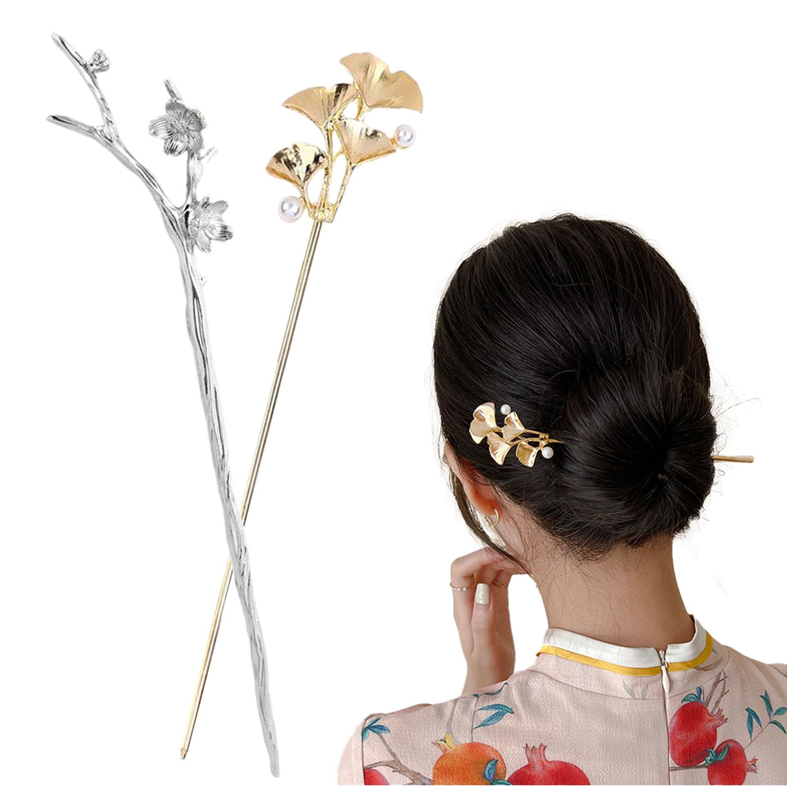 2Pcs Chinese Hair Pin, Hair Stick for Bun, Ginkgo Leaf Plum Blossom Branch Hair Sticks, Juda Pins for Hair Bun, Hair Accessories for Women, Perfect for Weddings, Parties, Cultural Events-image-14