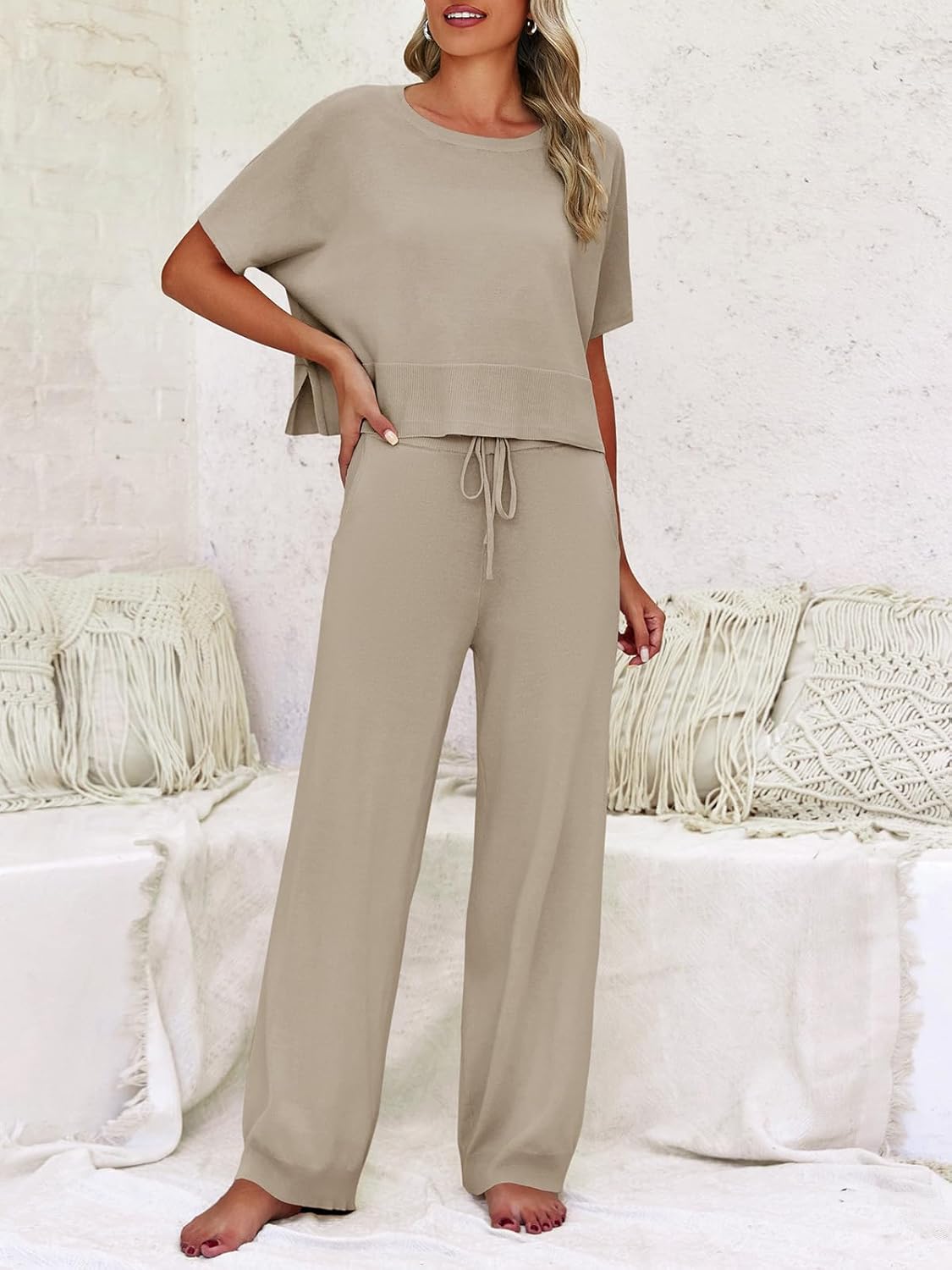 Fisoew Womens 2 Piece Sweater Sets Knit Short Sleeve Crop Tops Drawstring Waisted Pants Lounge Set - Image 5