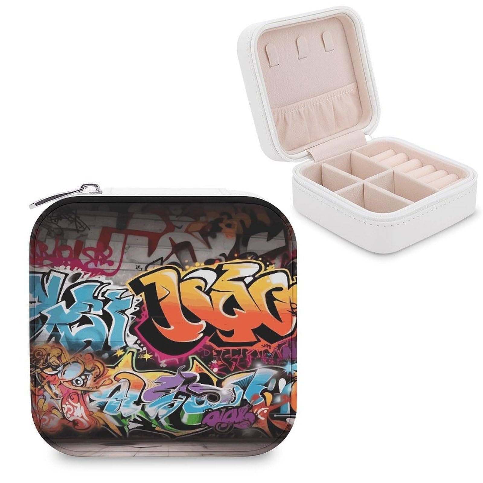VstaDank Graffiti Hip Hop Jewelry Box for Women Jewelry Organizer Storage Case with Zipper Mini Travel Jewelry Case Cute Trinket Organizer Leather Portable Jewelry Storage Box