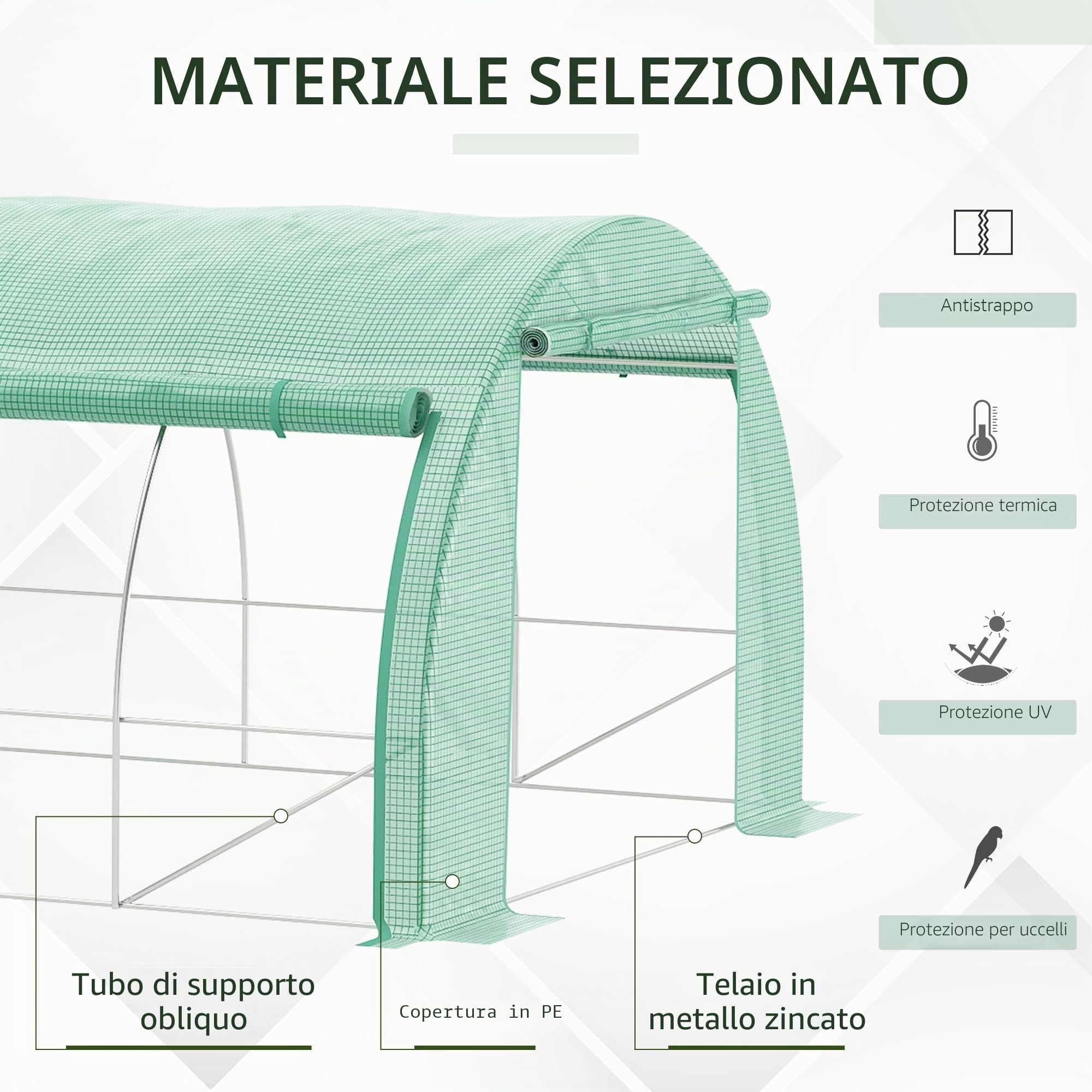 Outsunny Serra tunnel 4 x 3 x 2 m con pareti laterali arrotolabili Verde | Tenda serra walk-in, telaio acciaio, copertura rinforzata, porta cerniera, 8 finestre a rete, per giardino