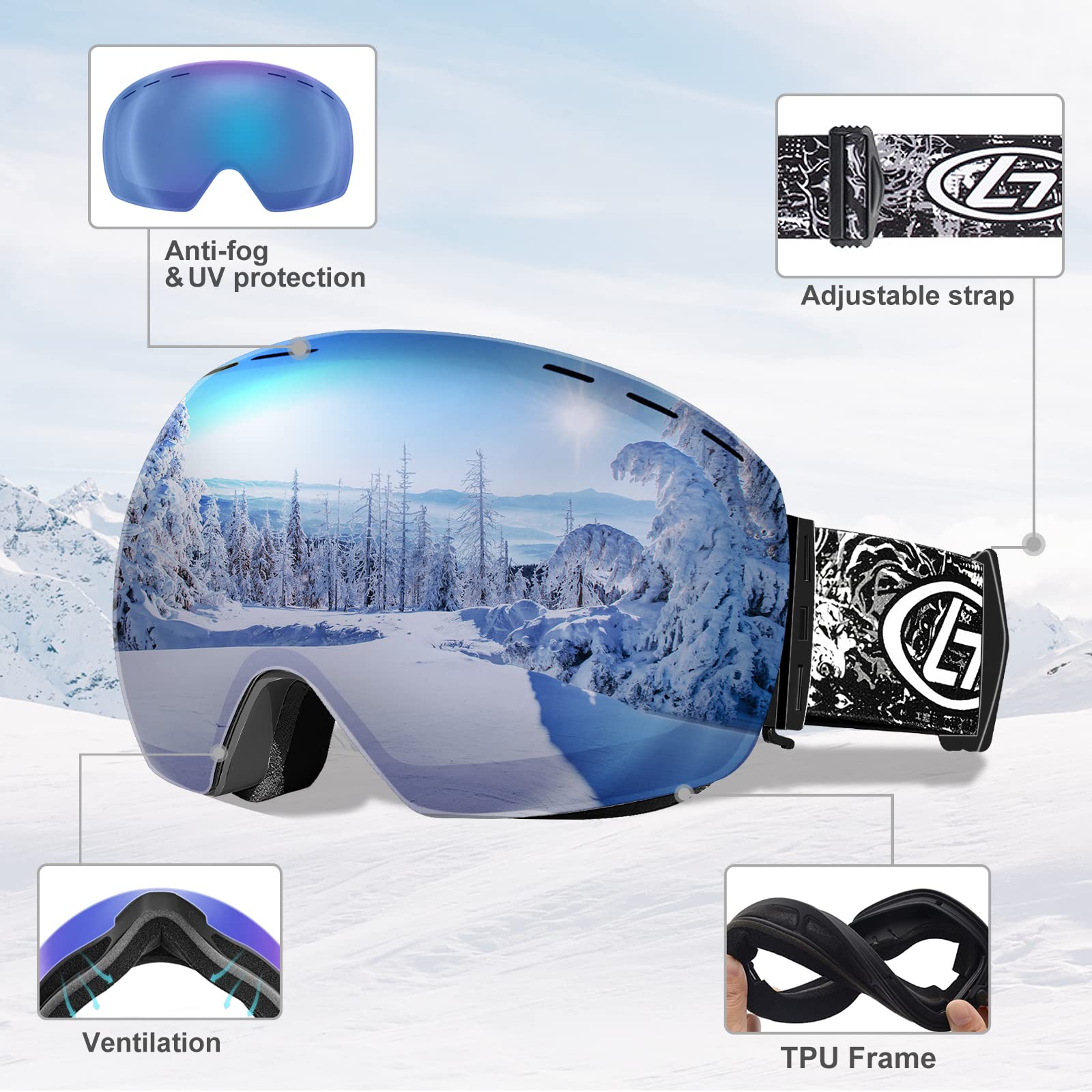 GONICVIN Lunettes de Ski, Lunettes de Snowboard Magnétiques Lunettes de Ski Anti-buée pour Hommes, Femmes, Porteurs de Lunettes, Protection UV