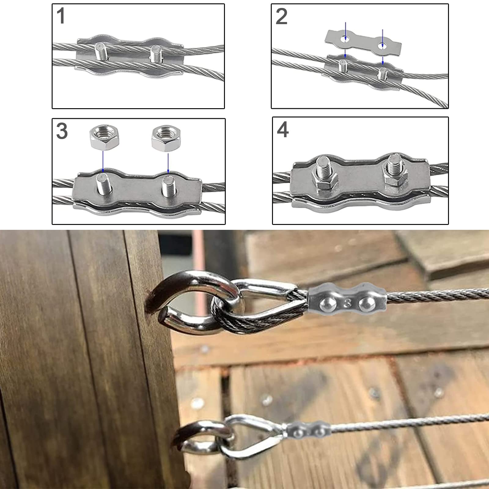 24 Pinces Métalliques Duplex Acier Inoxydable - Pour Câbles 1,5-2mm - Fixation Ultra-solide
