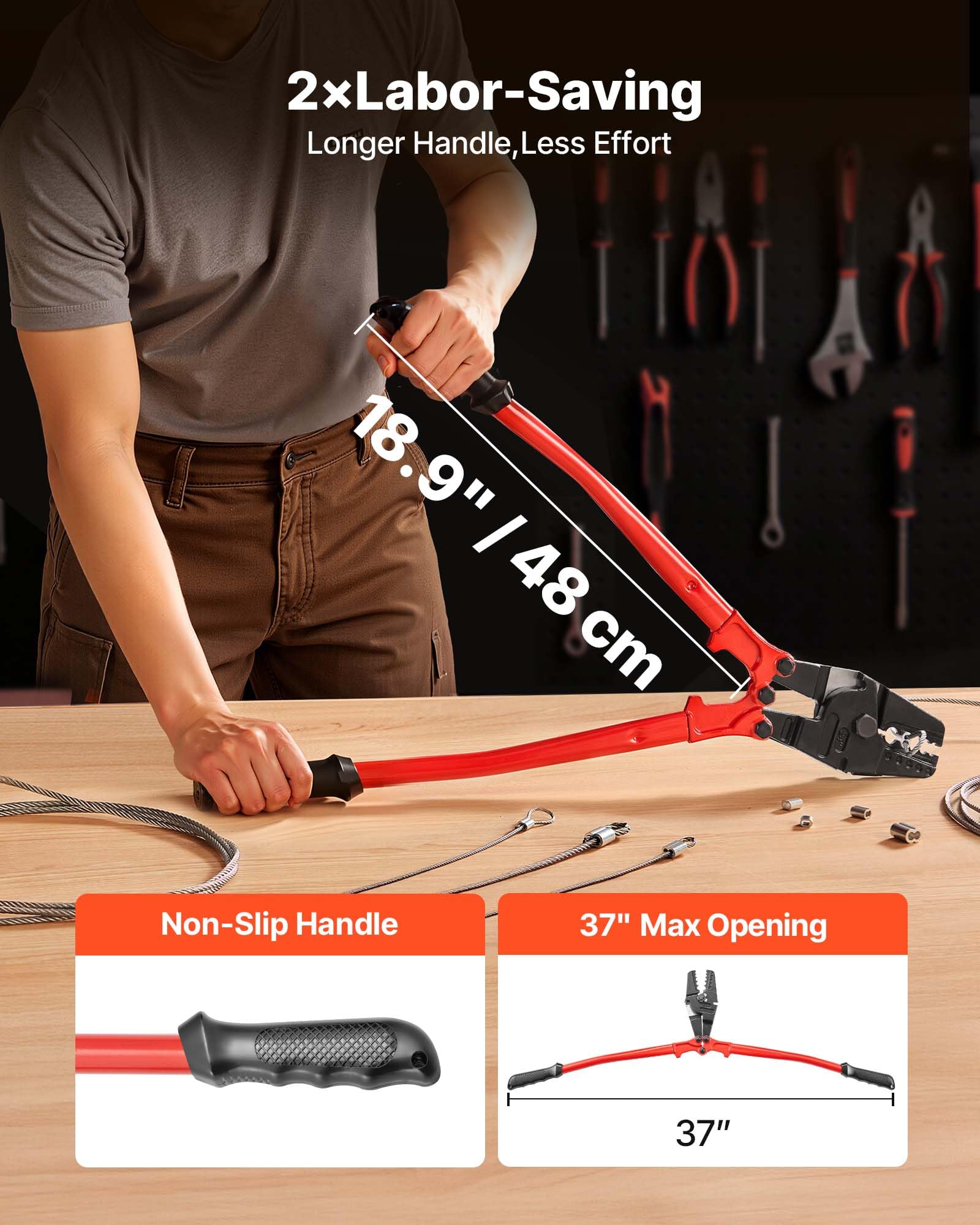 VEVOR Pince à Sertir Professionnelle 24", Pince Coupe Câble Acier Allié, Pince à Sertir 5 Rainures pour Manchon 1/16'', 3/32'', 1/8'', 5/32"et 3/16" pour Sertissage, Manchon de Boucle/Duplex
