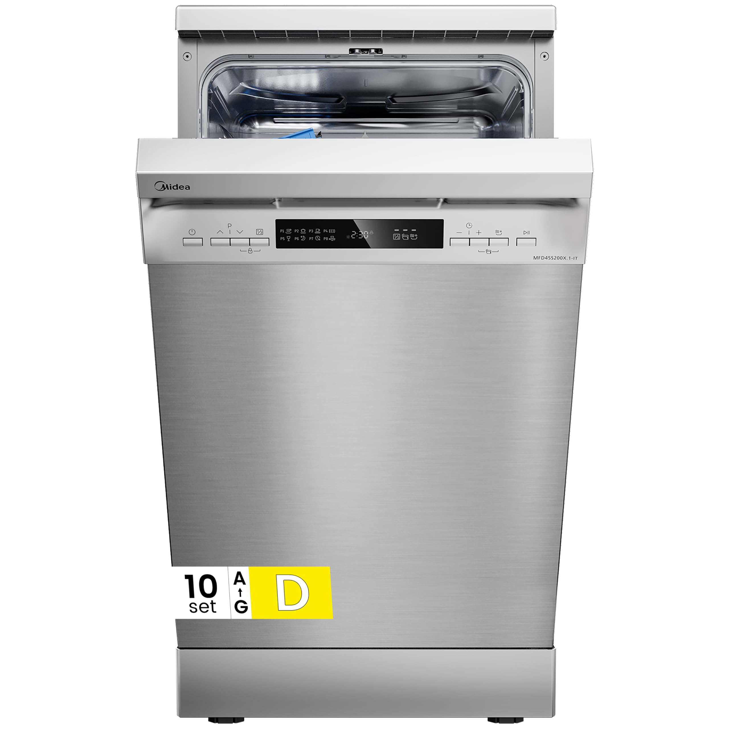 Midea MFD45S200X.1-IT Geschirrspüler, freistehend, mit 10 Decken, 8 Programme, LED-Display, Startvorwahl, Halblastfunktion, extra Trocknung, Edelstahl