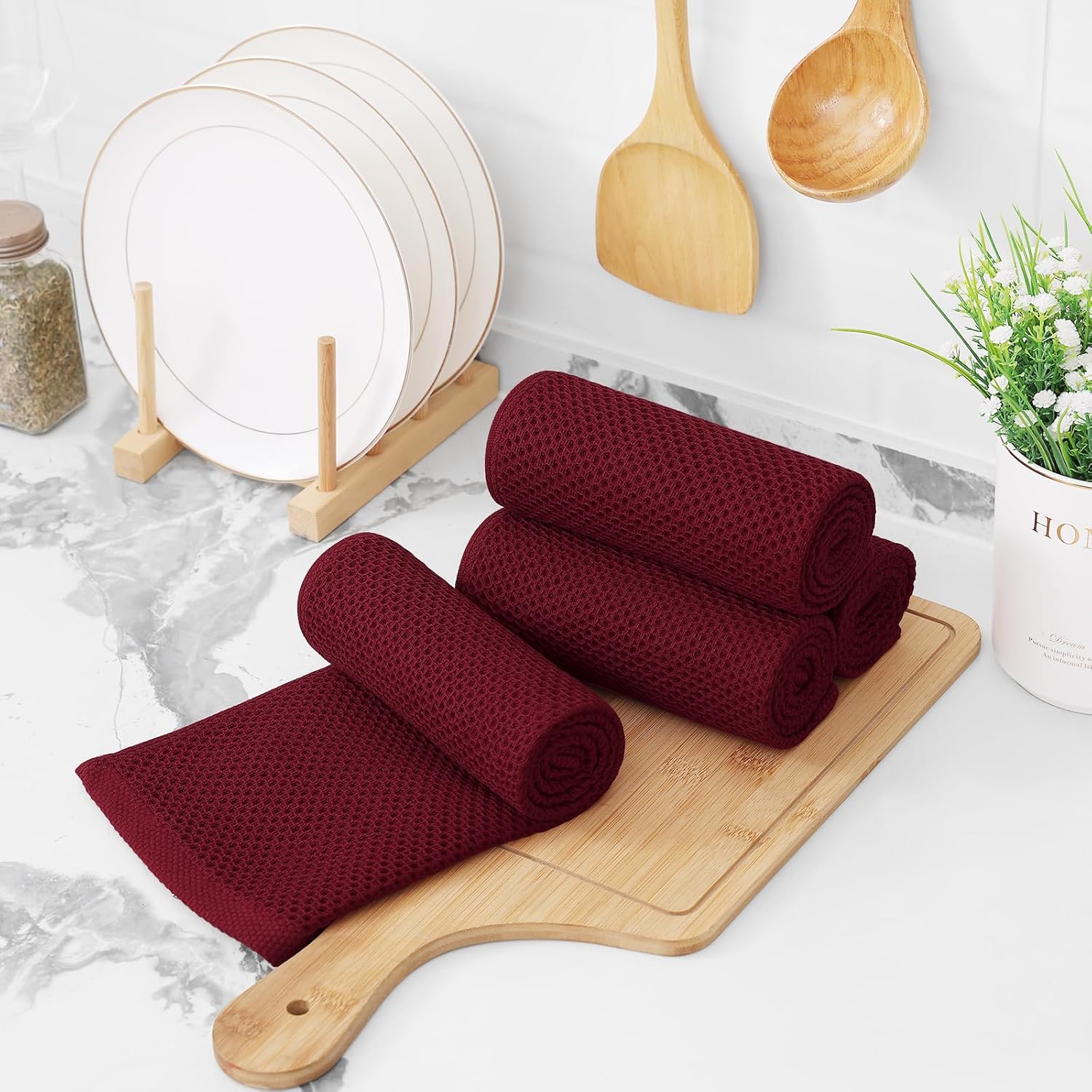 Kitinjoy 100% Cotton Waffle Weave Kitchen Hand Towels (13 X 28 Inches, Burgundy), 4-Pack Super Soft and Absorbent Dish Towel for Drying Dishes - Image 7