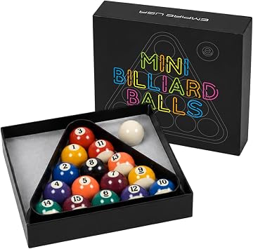 Empire USA Mini Billiards Pool Ball Set 1.5 Inch - Mini Pool Table Balls Set with Triangle Rack, Vintage Style Mini Pool Balls for Kids & Tabletop Games, Small Billiard Accessories for Pool Table