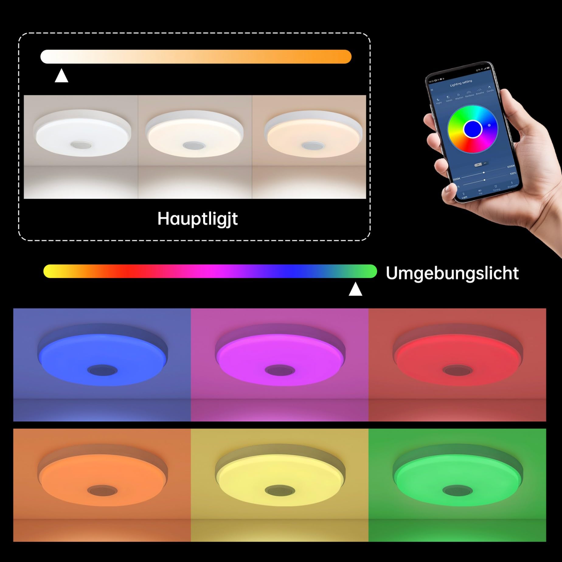 JDONG Lámpara LED de Techo Regulable con Altavoz Bluetooth, Mando a Distancia, 36W RGB Cambio de Color para Baño, Domitorios Juveniles, Salón, Lámpara de Techo Impermeable