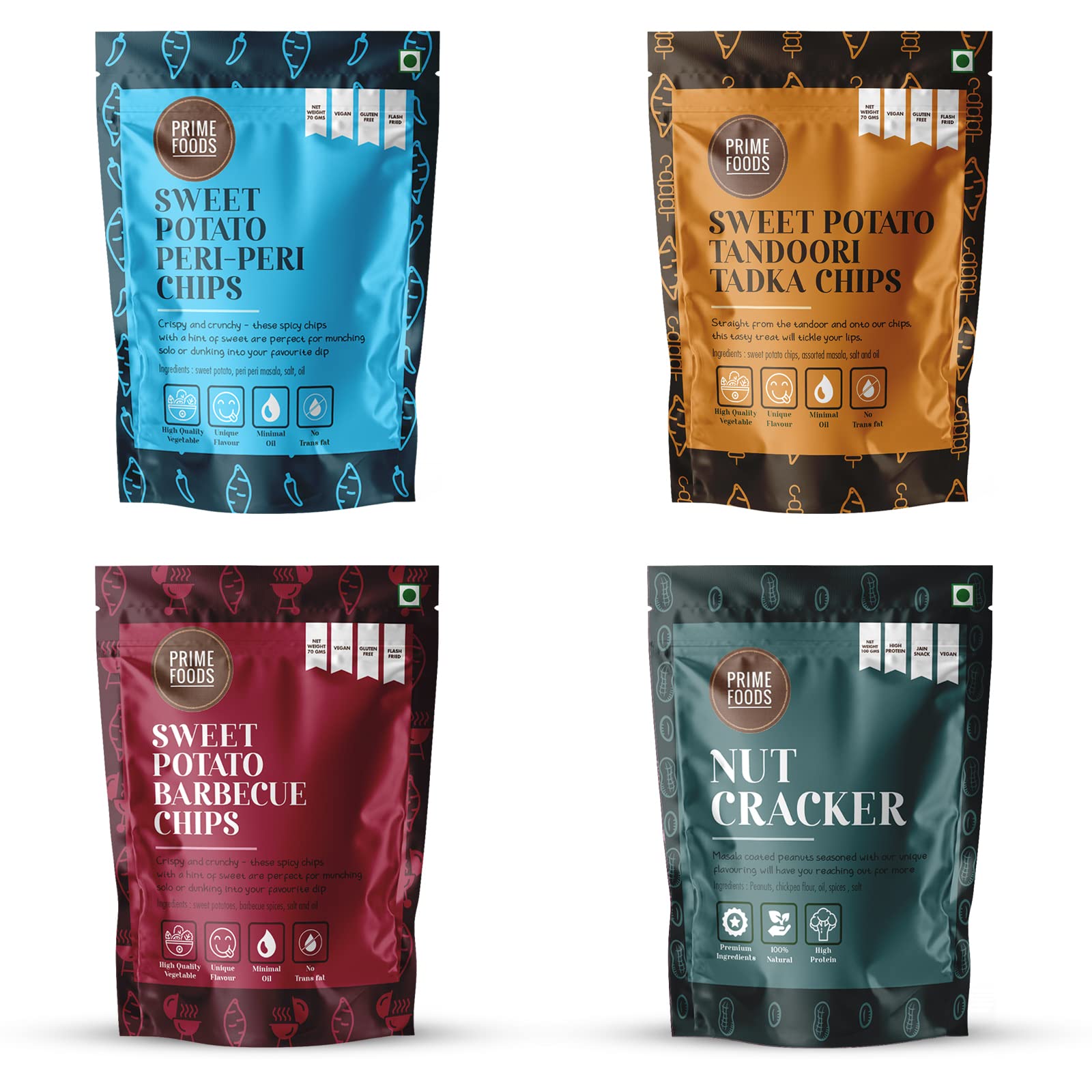 Prime Foods | Sweet Potato Barbecue (BBQ) | Sweet Potato Peri Peri | Sweet Potato Tandoori Tadka | Nutcracker | Crispy Vacuum Fried Chips | Vegan | Gluten Free | Healthy Snack | Pack of 4