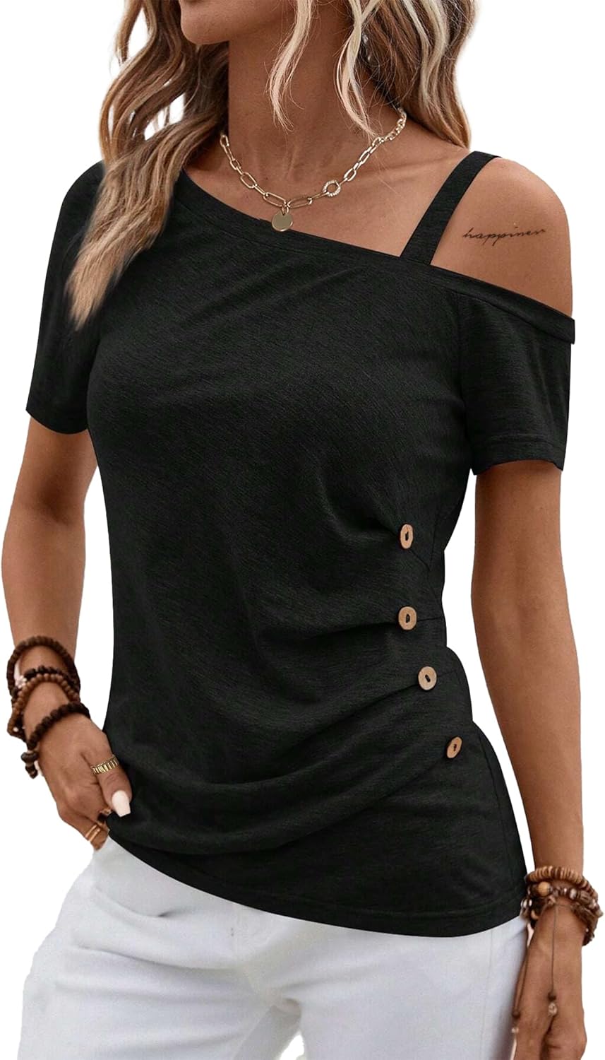 LilyCoco Women’s Off The Shoulder Short Sleeve Top Asymmetrical Neck Ruched Shirt