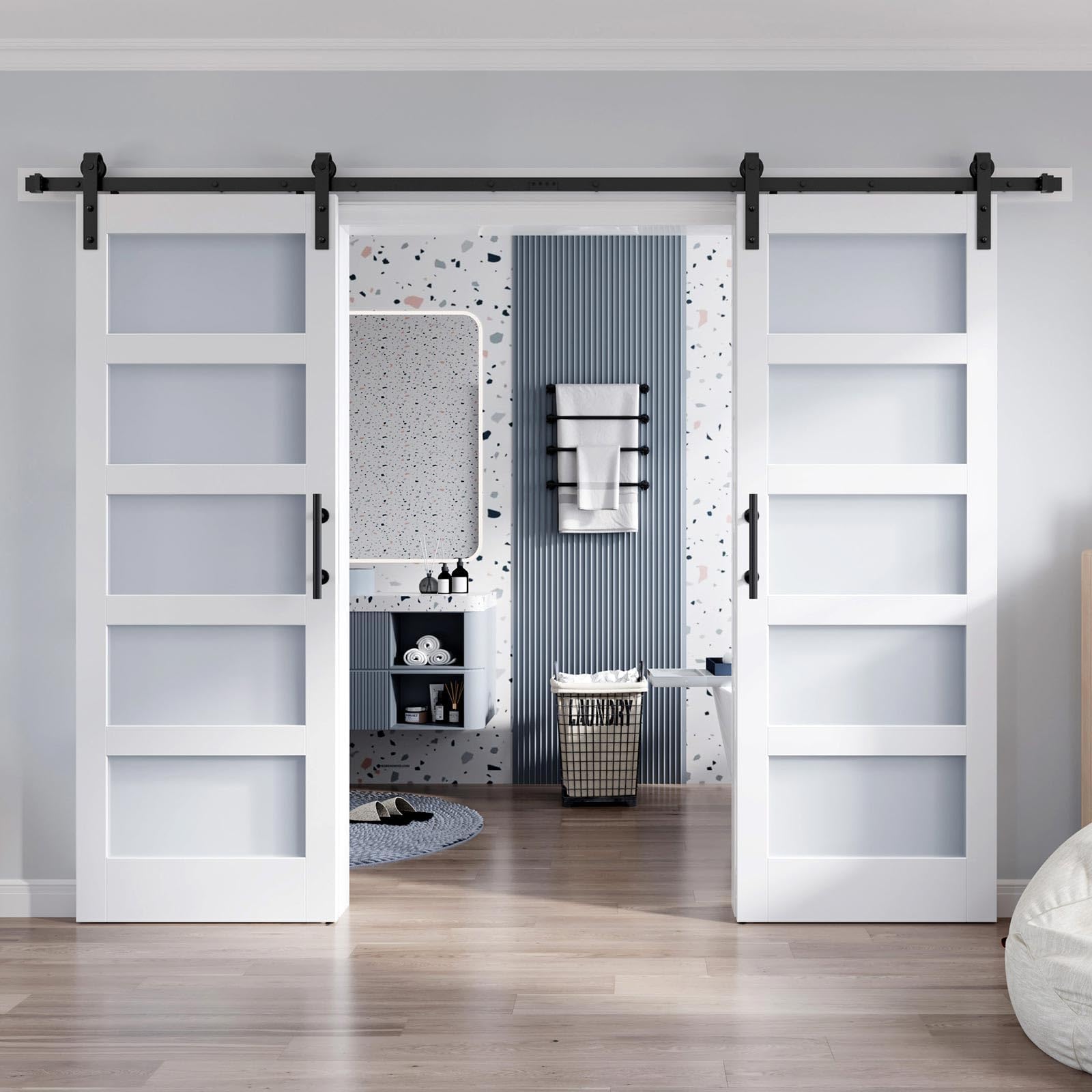 Double 32x96 Inch Glass Sliding Barn Door Slab and 5.5ft Hardware Kit Included