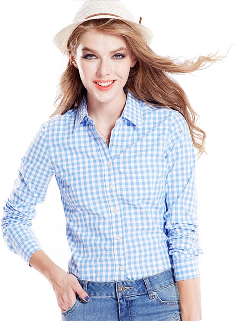 Tortor 1Bacha Women's Gingham Long Sleeve Button Down Plaid Shirt Blue White 0