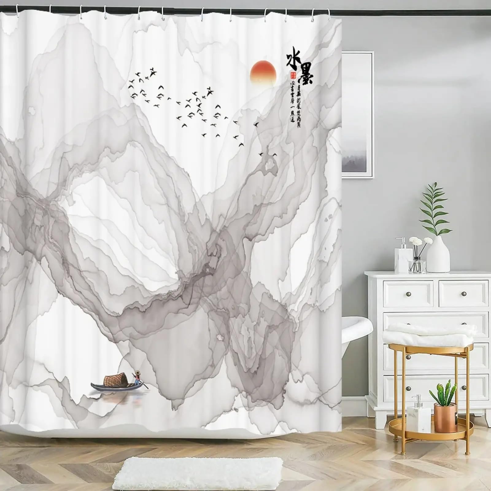 Rideau de douche paysage d'encre de style chinois en polyester 140x252cm