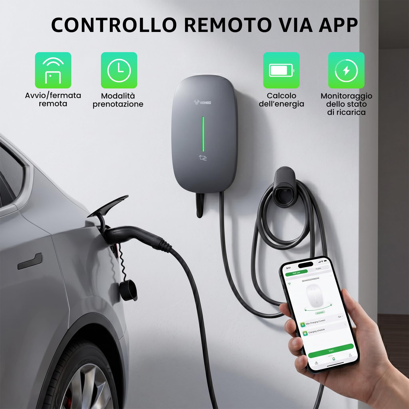GONEO Wallbox 7kW Tipo 2 con App, Cavo Tipo 2 7M, RFID, Wallbox Monofase 32A 230V, RCD Tipo A 30mA AC + 6mA DC, IK10 IP65, per BEV/PHEV