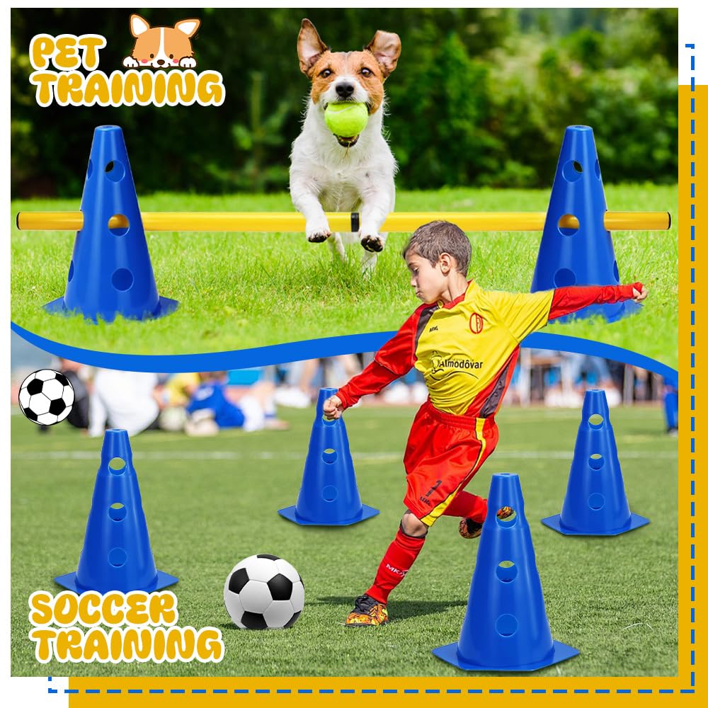 Agility Kit d'obstacles pour Chiens et Enfants, Ensemble de Barrières Enfichables pour Enfants, Parcour pour Sauter, 8 Cônes de 23 cm de Hauteur + 4 Barres de 81 cm de Long, pour Les Exercices
