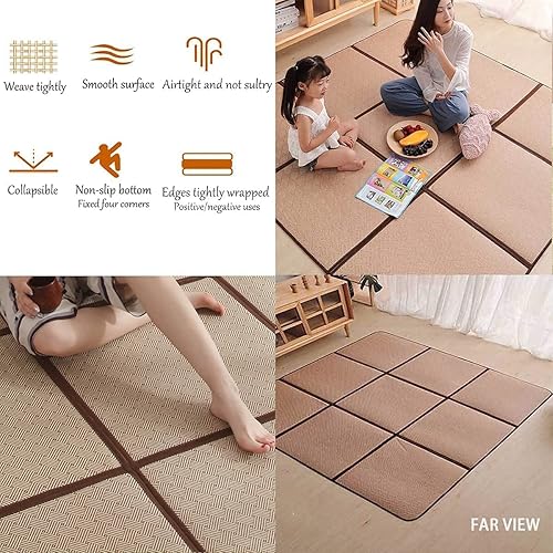 Miniatura 5 de MYOYAY Tapete grande de tatami japonés de 71 x 71 pulgadas, grande, transpirable, para dormir, plegable, de ratán, antideslizante, con costuras de