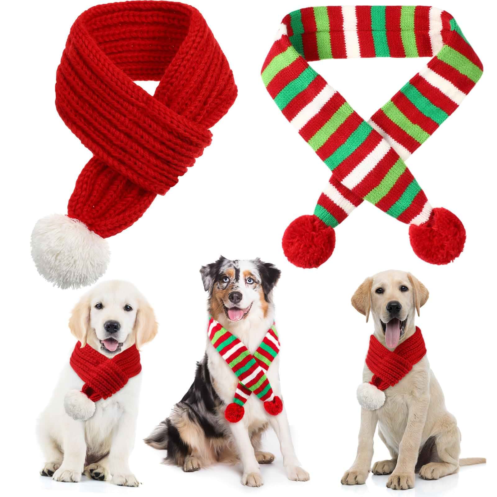 JaGely 2 Pieces Christmas Dog Knitted Scarf Holiday Cute Scarf for Small Medium Cat Red Green Winter Dog Bandanas Decor for Pet(Red, Red and Green,Classic Style) Solid