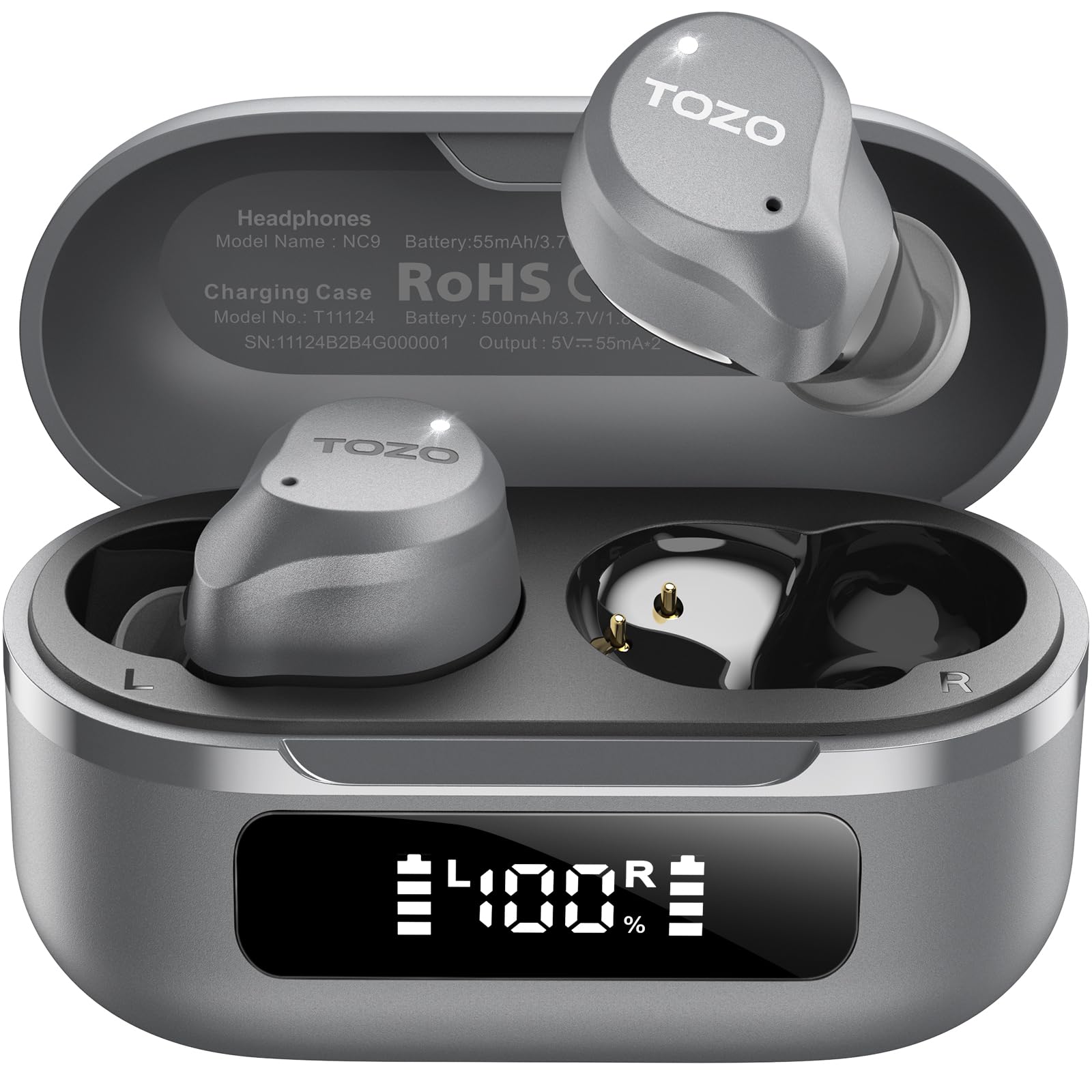 TOZO NC9 Hybrid Active Noise Cancelling Wireless Earbuds, 60H, LED Display | 6 Mic ENC Clear Calls, Deep Bass Sound, IPX8, in Ear Bluetooth 5.3 Headphones,32 EQs via APP, Comfort Fit Ear Buds, Gray