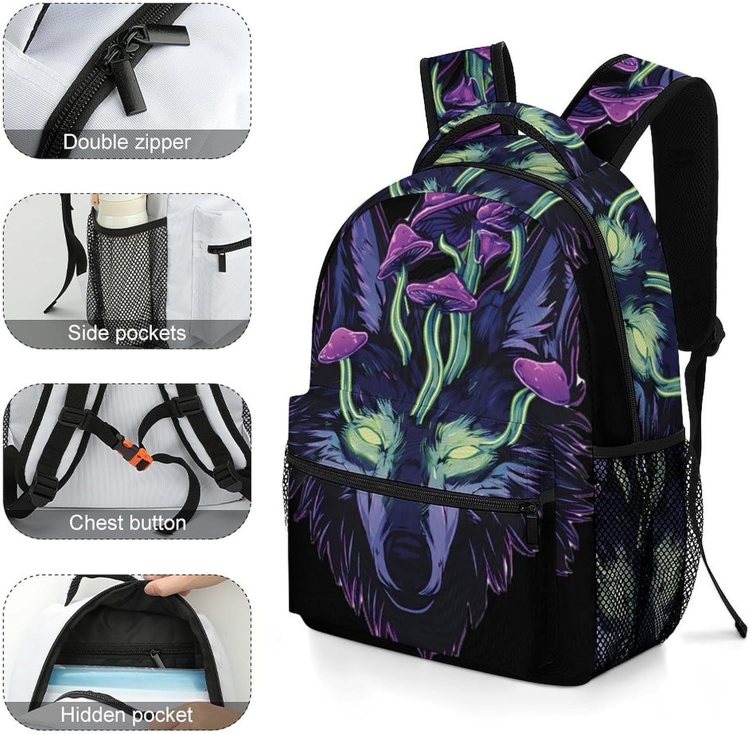 Wolf with Purple Mushrooms Unisex Backpack Casual Daypacks Lightweight Shoulders Bag for Camping Hiking Travel