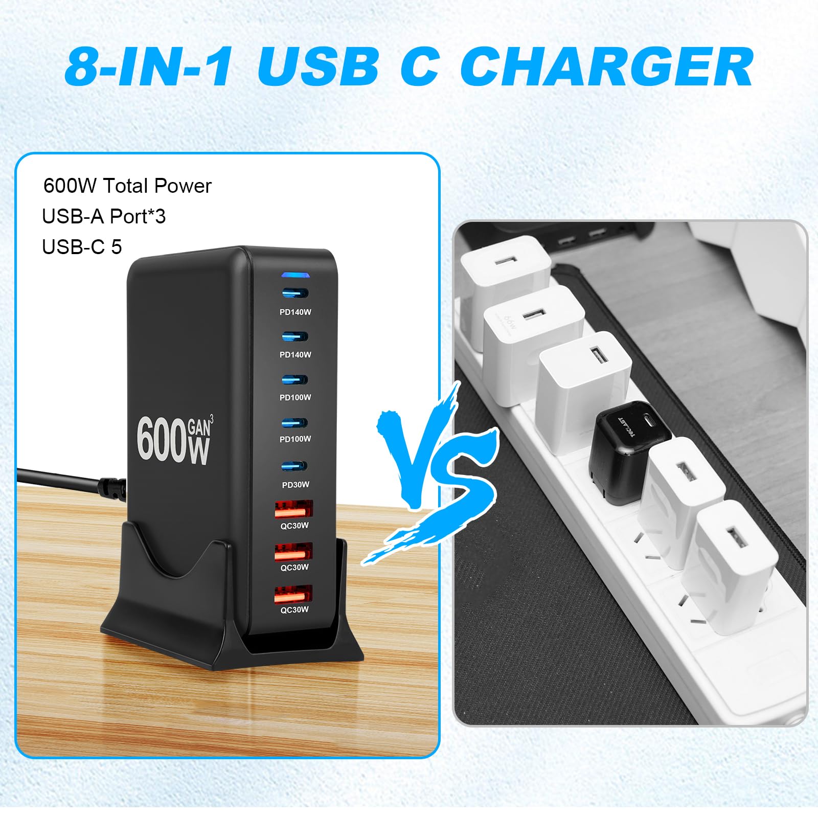 AXFEE Cargador USB C, 600W 8 Puertos Bloque de Carga rápida, Tres USB-A+5*USB-C Cargador Quick Charge, Conector de Pared multipuert Compatible con MacBook Pro/HP Laptop/iPad/iPhone/Huawei