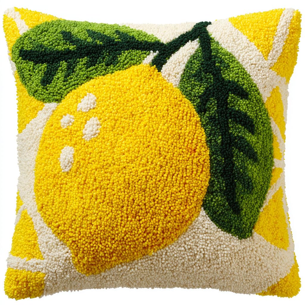 Henypt Latch Hook Kits-H Latch Hook Cushion Kits, Cartoon Lemon Latch Hook Pillow Case Kits Embroidery Kit, Diy Needlework Pillow Cover Sofa Cushion Rug Making Kit 43X43cm