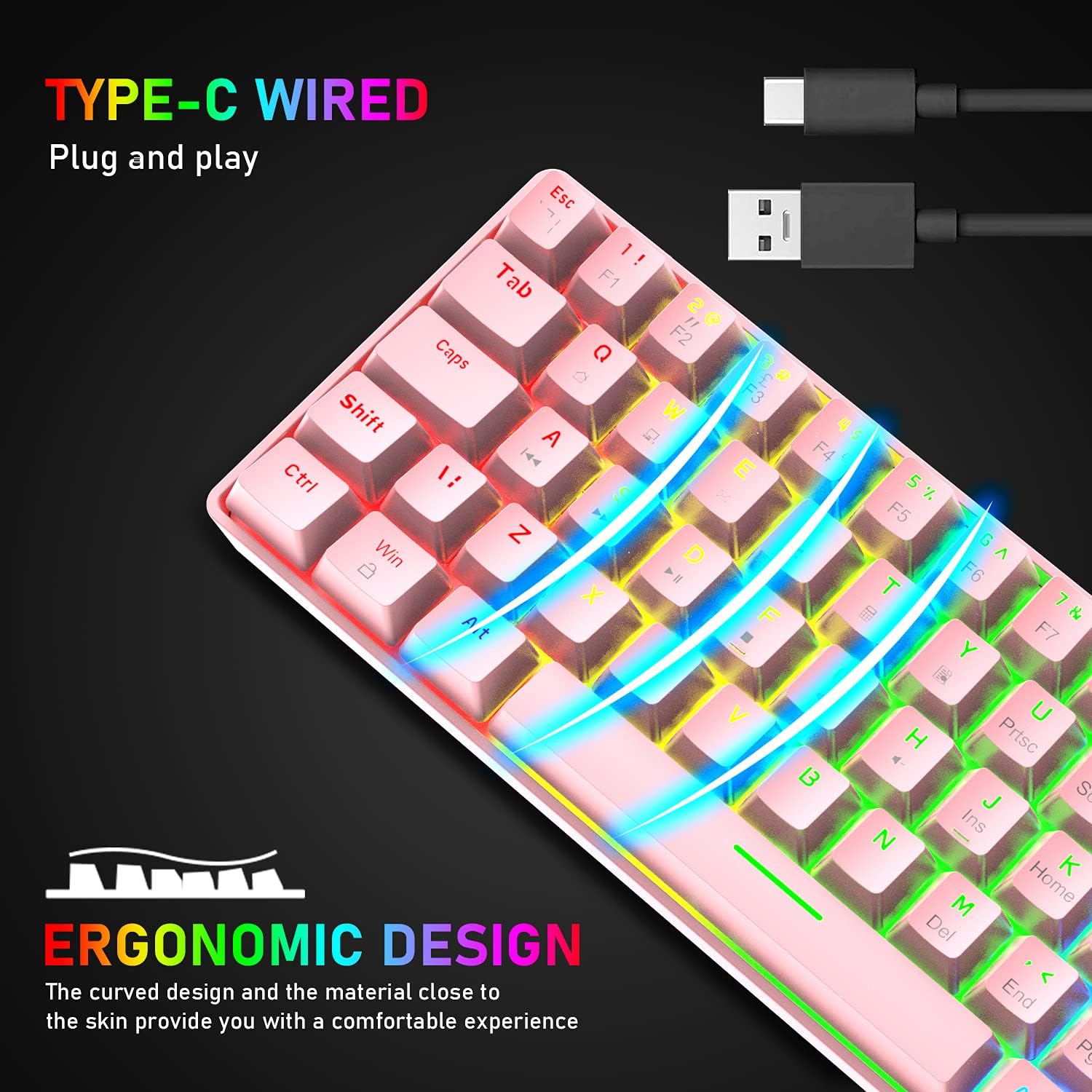 Close-up of the XINMENG T60-01 keyboard's Type-C port and the USB cable connection.