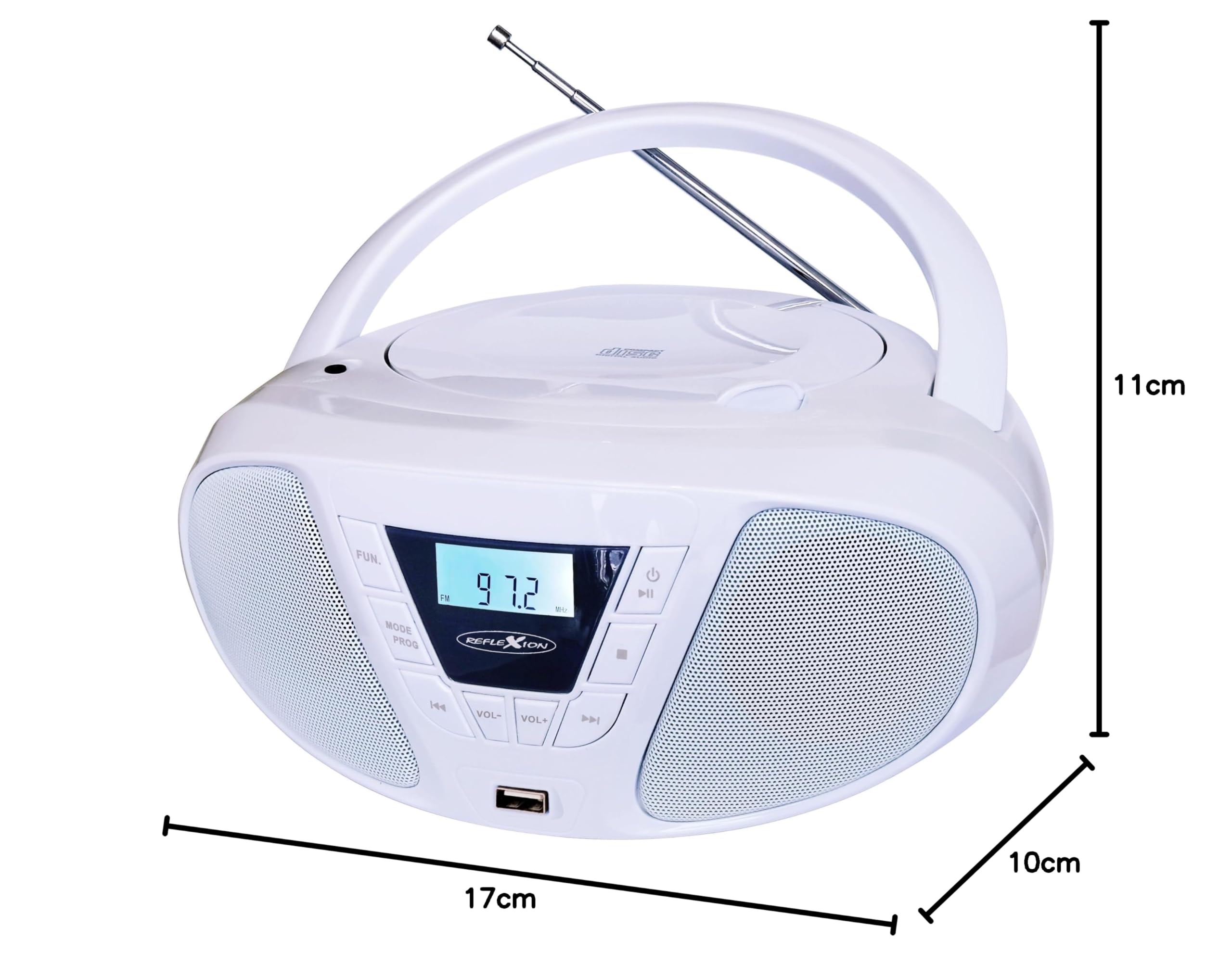 REFLEXION CDR614UWH, Tragbares CD-UKW-PLL-USB-Stereo Radio (2x16 Watt max. Musikleistung), USB für MP3-Wiedergabe, 3,5mm AUX-IN Anschluss, Programmier-Funktion (CD: 20 Tracks), Weiß
