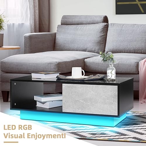 Miniatura 9 de HOMMPA Mesas de centro LED pequeñas para sala de estar, mesa de centro gris con luces LED, moderna mesa central de perfil bajo con mesa de alto