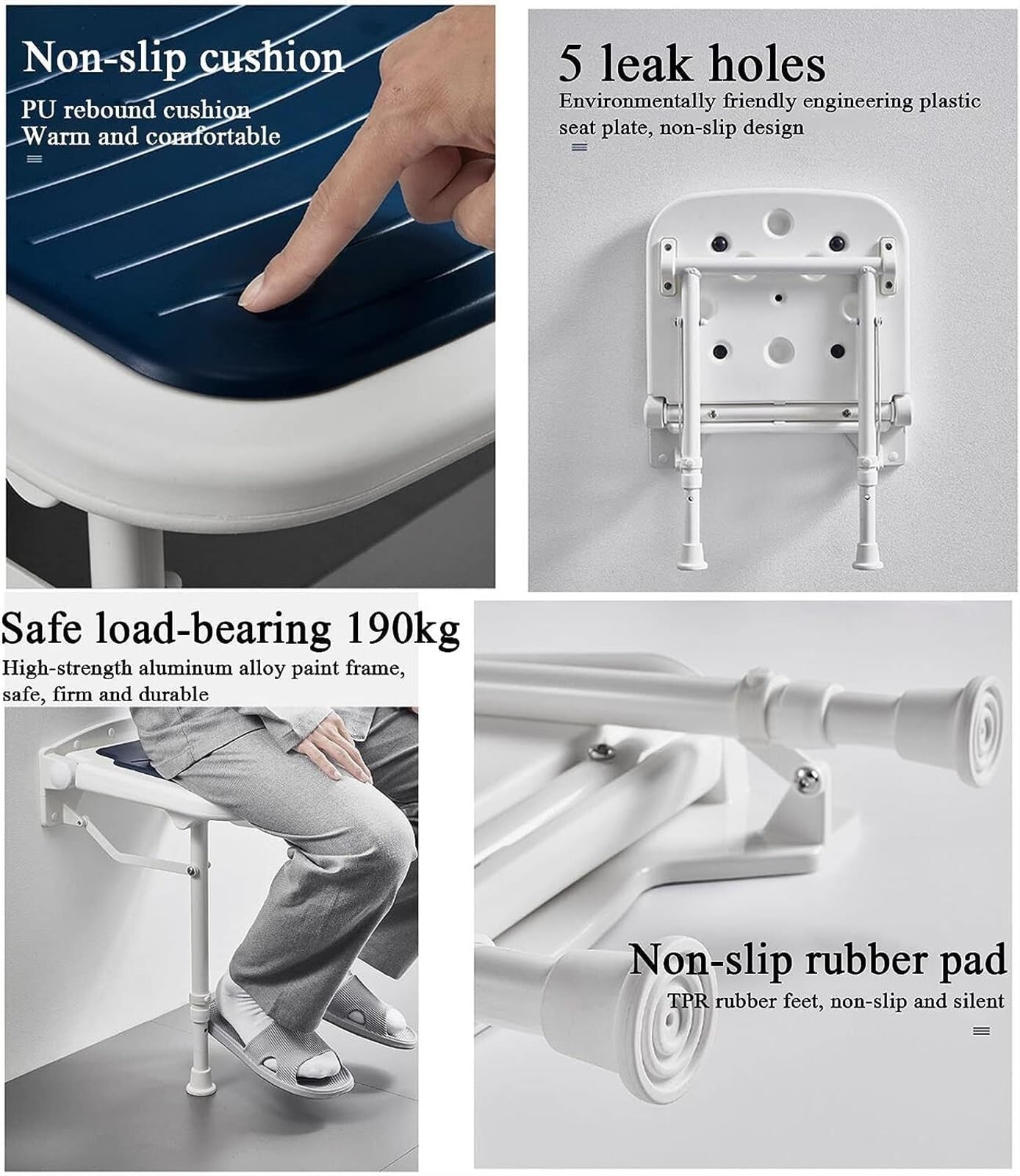 Asiento De Ducha Plegable Para Pared - Soporta Hasta 130kg, Ideal Para Mayores, Embarazadas O Personas Con Movilidad Reducida