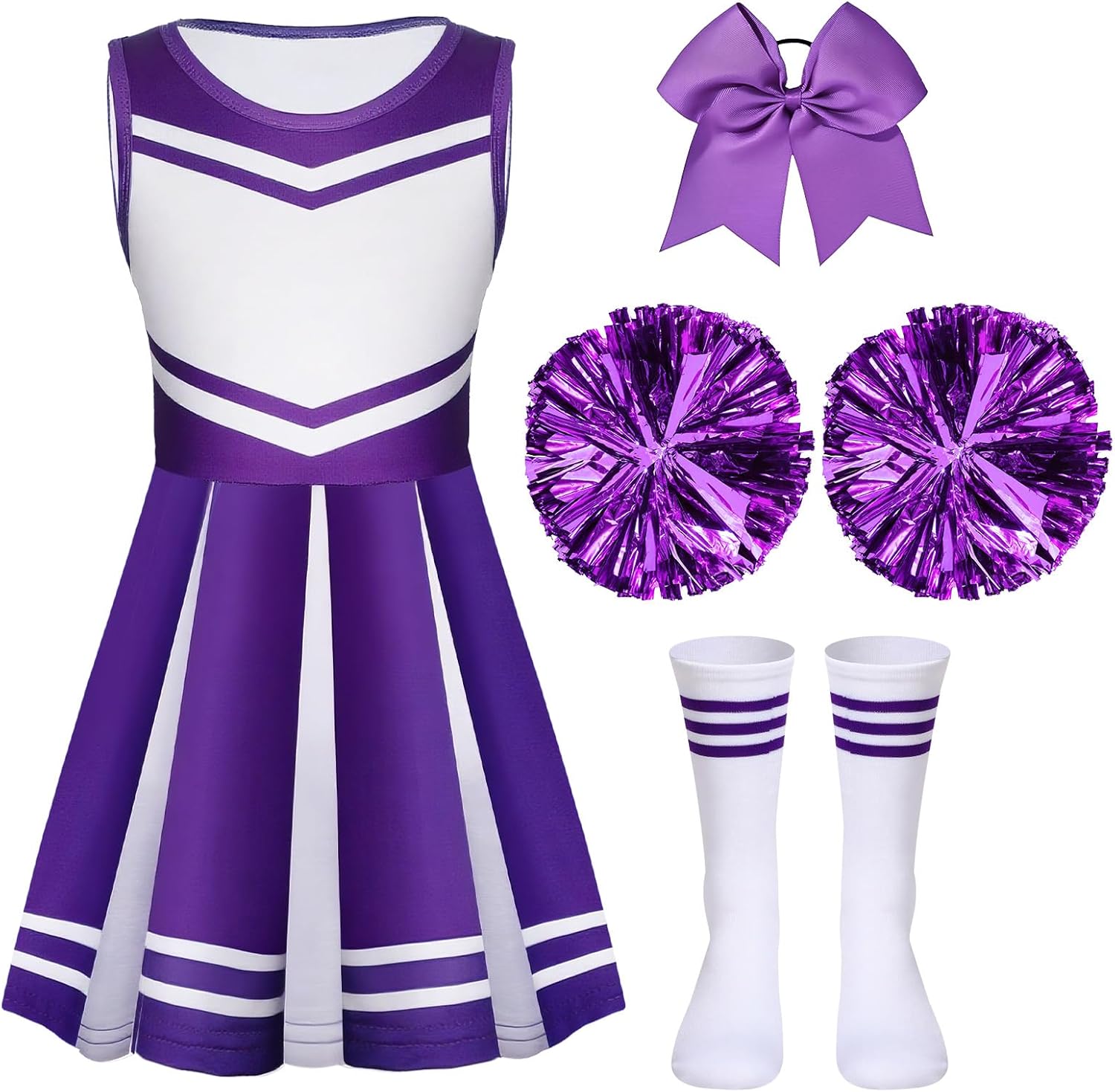 Sureio 4 Pcs Girls Cheerleader Costume for Girls Cheerleading Outfit for Kids Halloween Birthday Cosplay Party Gifts
