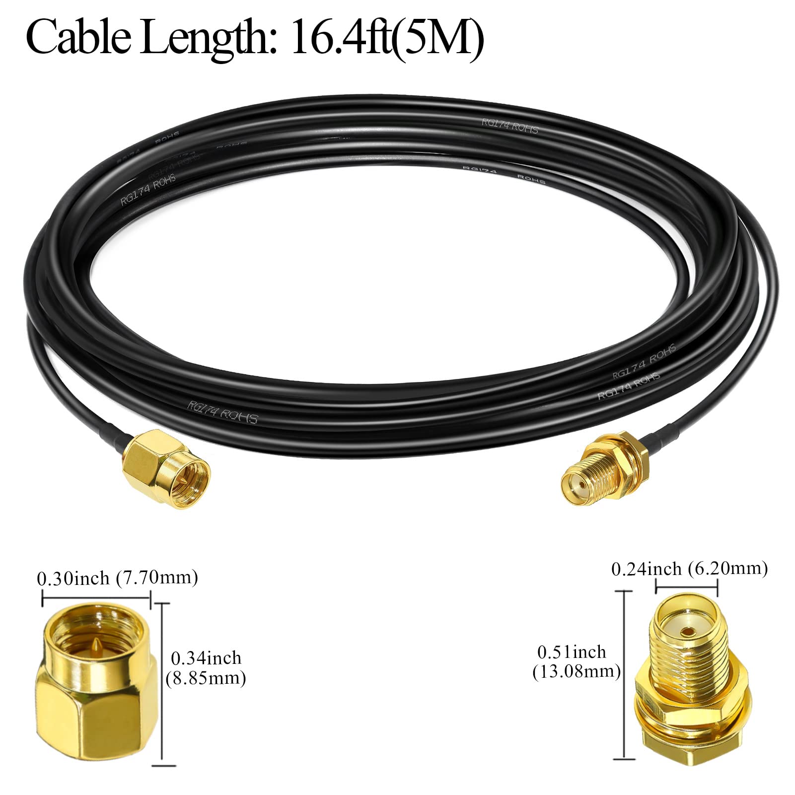 TUOLNK RG174 SMA Câble Coaxial Mâle à Femelle RF 16,4 Pieds (5m) + 3 Adaptateurs Radio Ham, Antenne 3G 4G LTE, Équipement SDR, ADS-B, GPS