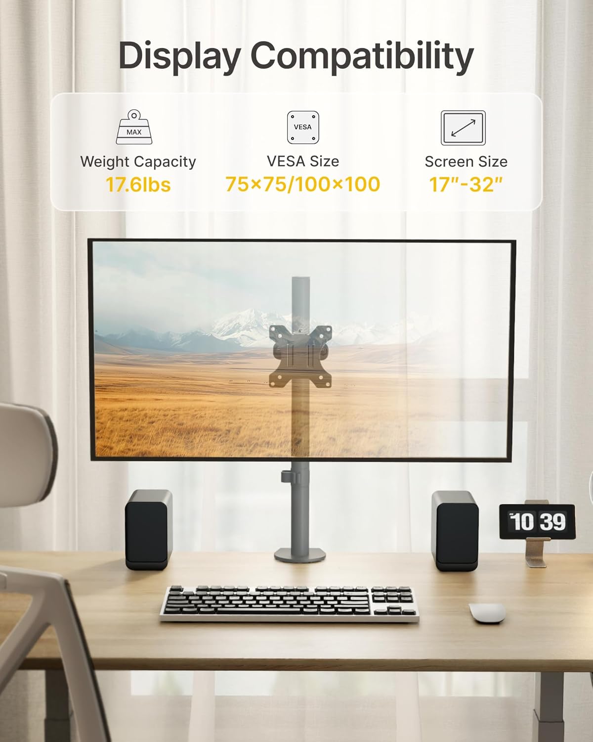 monTEK Universal Pole Mount Bracket for 17”-32” Screens, Holds to 17.6 lbs, Full Motion Adjustable Monitor Mount, 75x75/100x100 VESA Mounting Plate, Fits 1.1”-2.4” Pole Diameter, Black