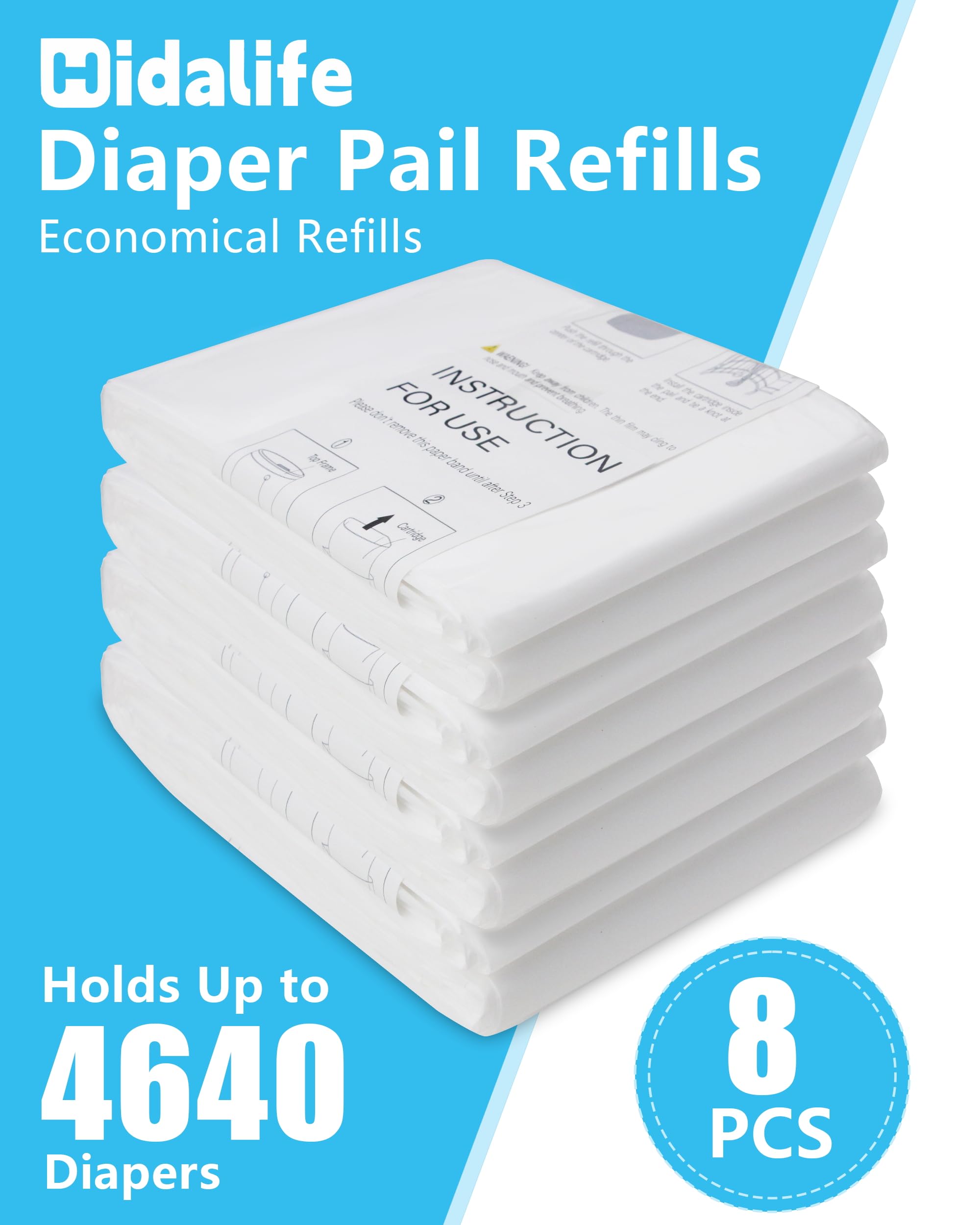 HIDALIFE Recambios compatibles con cubos de pañales Dekor Plus, bolsas de basura desechables, forros de repuesto extra gruesos, capacidad para hasta 4640 pañales (paquete de 8)