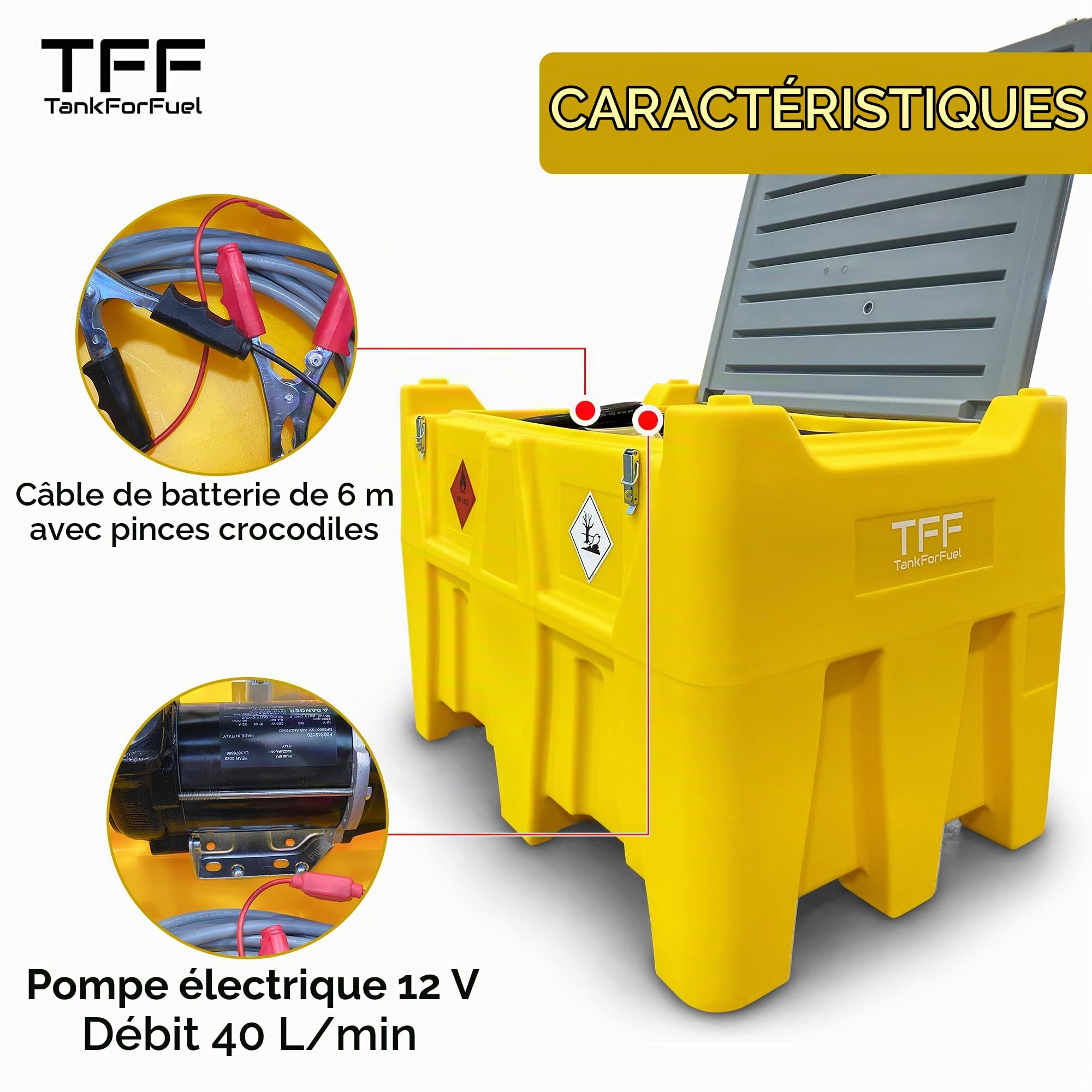 TFF Réservoir Diesel Portable, 440 Litres avec Pompe à Carburant 12V DC débit 40 l/min. Pompe à Diesel avec Câble Connexion Batterie et Tuyau Flexible 4 m avec Pistolet de Ravitaillement Automatique