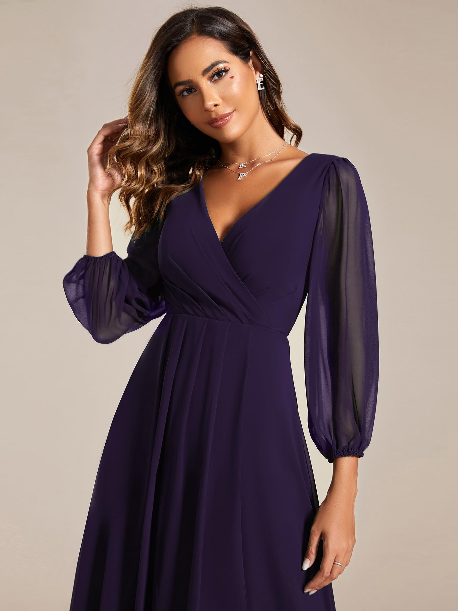 Ever-Pretty Robe de Soirée Femme A Line High Low Col V 3/4 Manches pour Mariage Chic EG01926