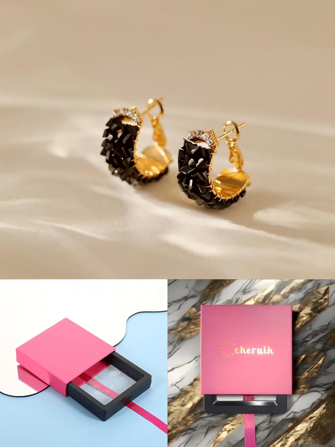 18K Gold Plated Dainty C Hoop Earrings Sparkling Zircon Crystal Stylish Red/Black Earrings for Women - C Shaped Ear Buckle - Image 6