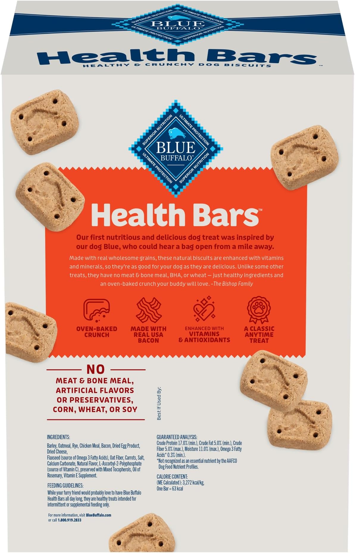 Blue Buffalo Mini Health Bars Crunchy Dog Biscuits, Oven-Baked With Natural Ingredients, Bacon, Egg & Cheese, 2-lb Box