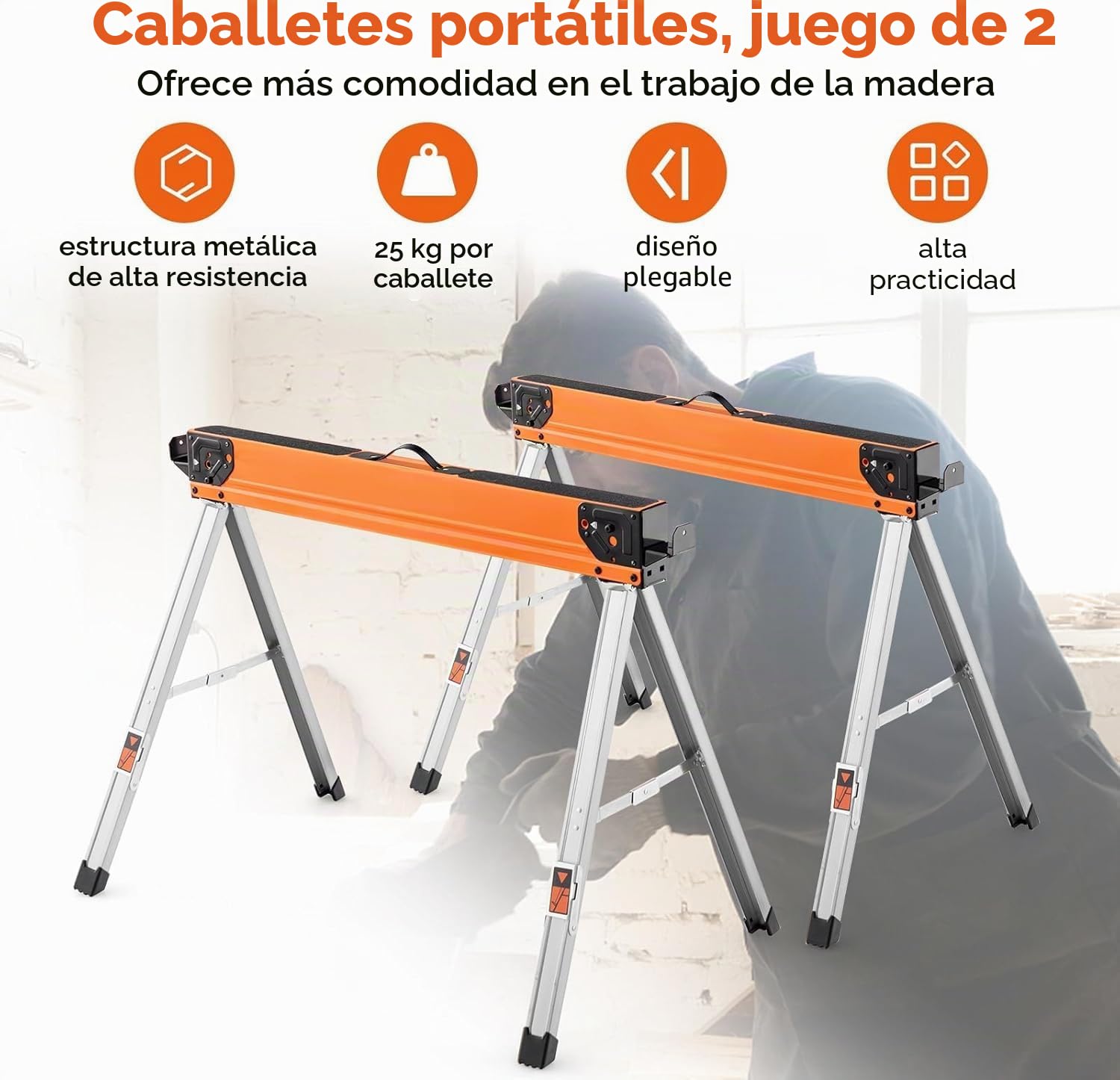 FANTASK Juego de 2 bloques de sierra plegables, caballetes de trabajo portátiles, robustos soportes de metal para carpintería, caballete de sierra con mango, soporta hasta 500 kg