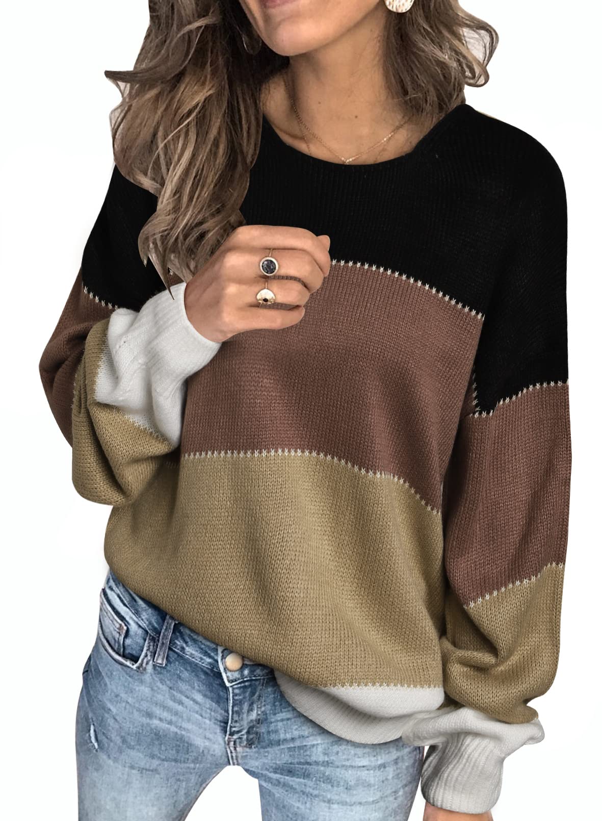 Photo 1 of Asvivid Women's 2023 Spring Long Sleeve V Neck Color Block Striped Pullover Sweater Tops Large G Black