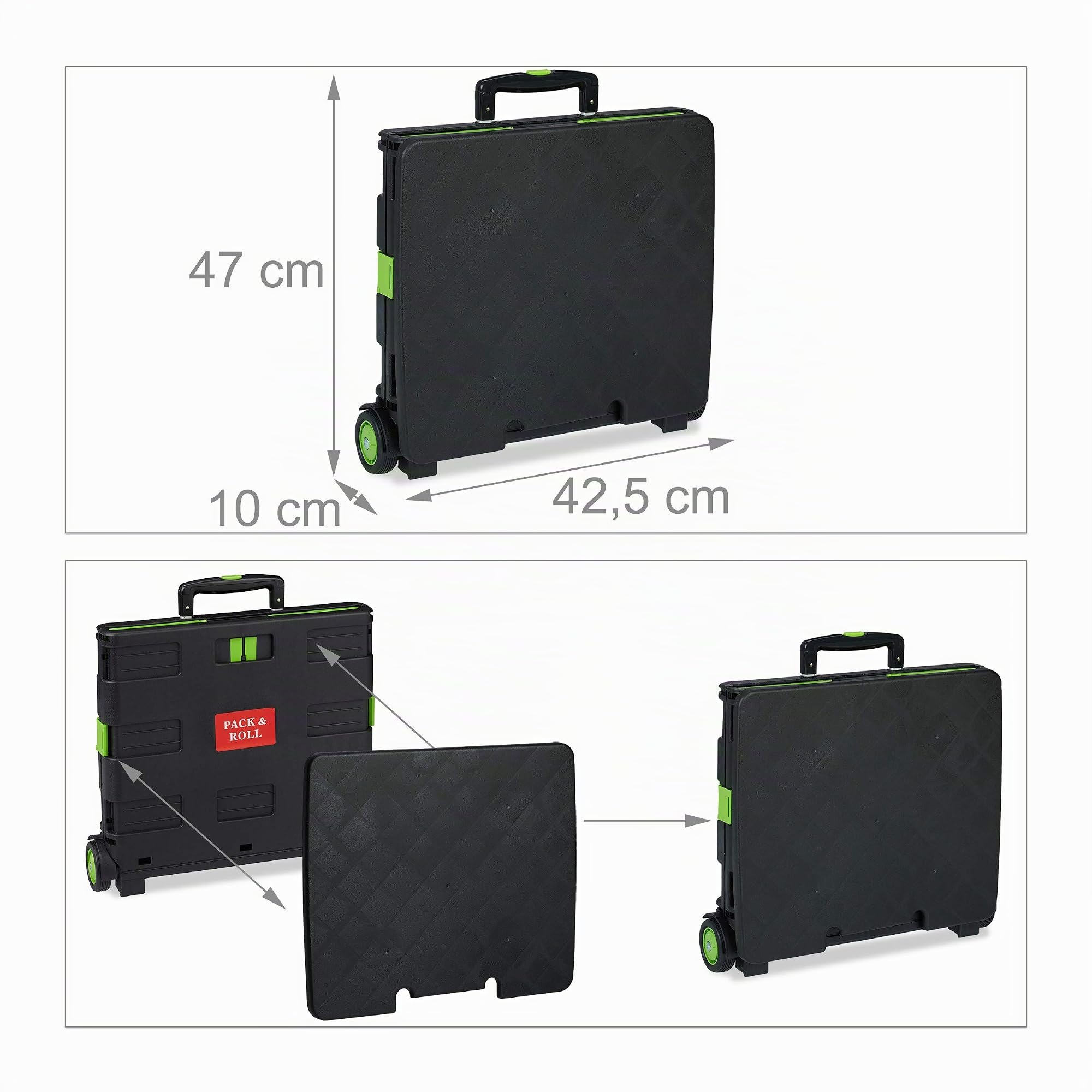 Relaxdays Chariot de Courses, Pliable, Jusqu’à 35 kg Poussette de 50 l, poignée télescopique, 2 roulettes, Vert/Noir