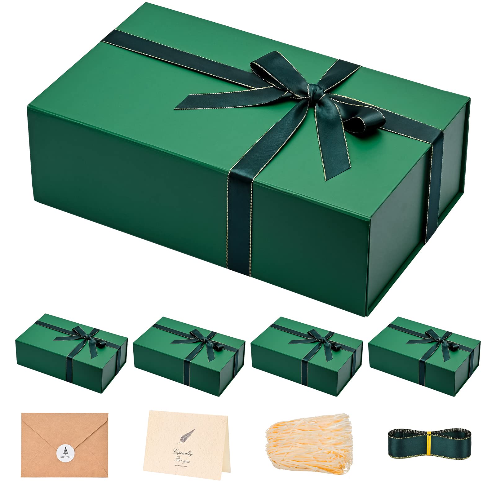 LIFELUM 5 Pack Christmas Gift Boxes Large Green Boxes of Gifts 13.85 x 8.35 x 4.45 inch Gift Boxes with Strong Magnetic Lid for Presents Contains Card, Ribbon, Filler,Sticker