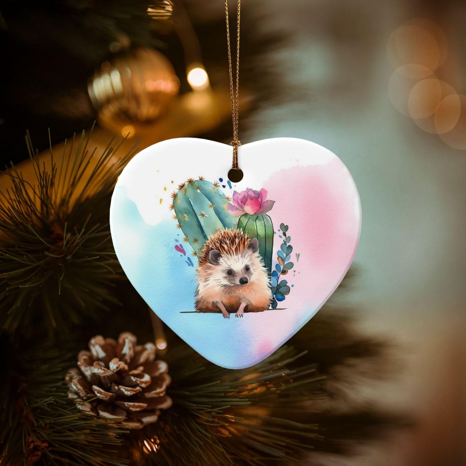 Christmas Tree Ornaments Ceramics Christmas Decorations Watercolor Hedgehog Ornaments with Gold Ribbon Porcelain Xmas Tree Crafts Heart Shape Hanging Pendant for Christmas Tree Party Decor